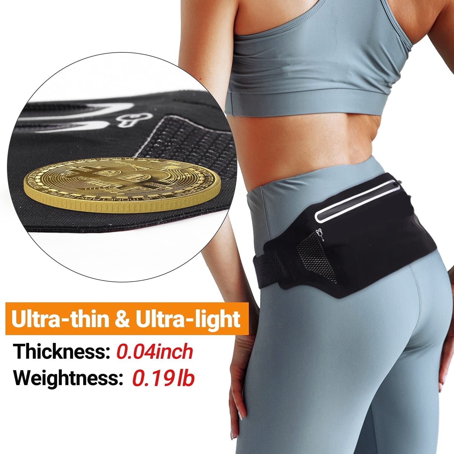 Bontime Ultra Slim Reflective Running Belt, Fits iPhone, Keys & Money, Adjustable Fanny Pack, Black