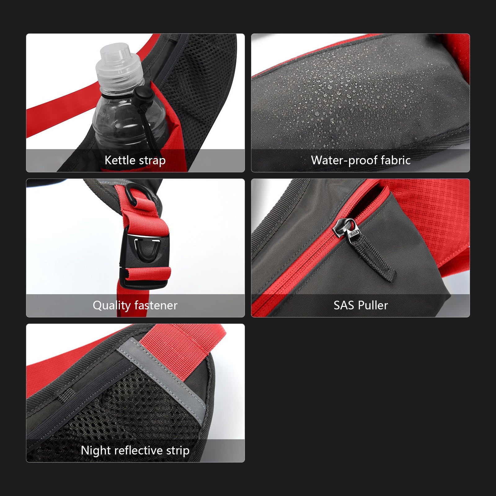 Hiroekza Running Belt with Water Bottle Sports Pack Waist Bag for Men & Women - Nylon Multifunctional Zipper Belt for Running Hiking Climbing - Adjustable Reflective Fitness Gear Accessories Black
