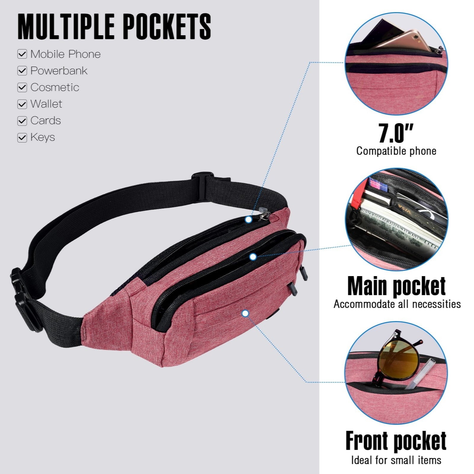 WATERFLY Unisex Lightweight Running Hiking Jogging Nylon Fanny Pack Waist Bag-Dark Blue