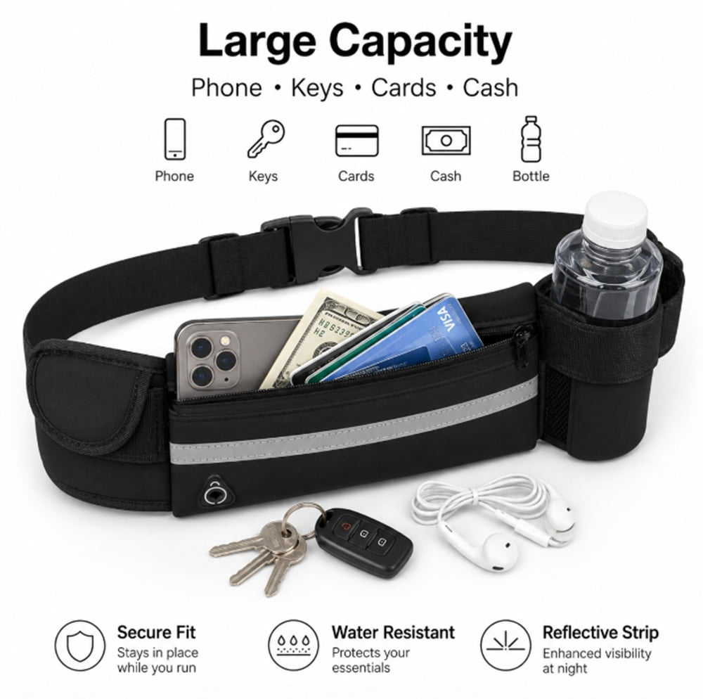Slim Running Belt Waist Pack, Adjustable Travel Belt Bag for Phone, Keys and Small Essentials, TIKA