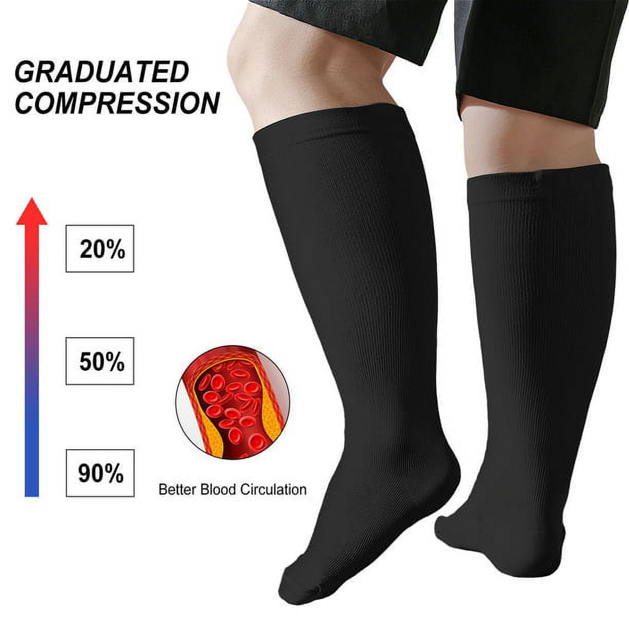 2 Pairs Wide Calf Compression Socks for Women Men AMITOFO Circulation 20-30mmHg Plus Size Knee High Support Stockings for Medical | Circulation | Nurses | Running | Travel, Black 4XL