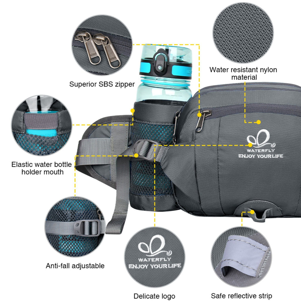 WATERFLY Unisex Large Capacity Hiking with Bottle Holder Nylon Fanny Pack Waist Bag,Gray