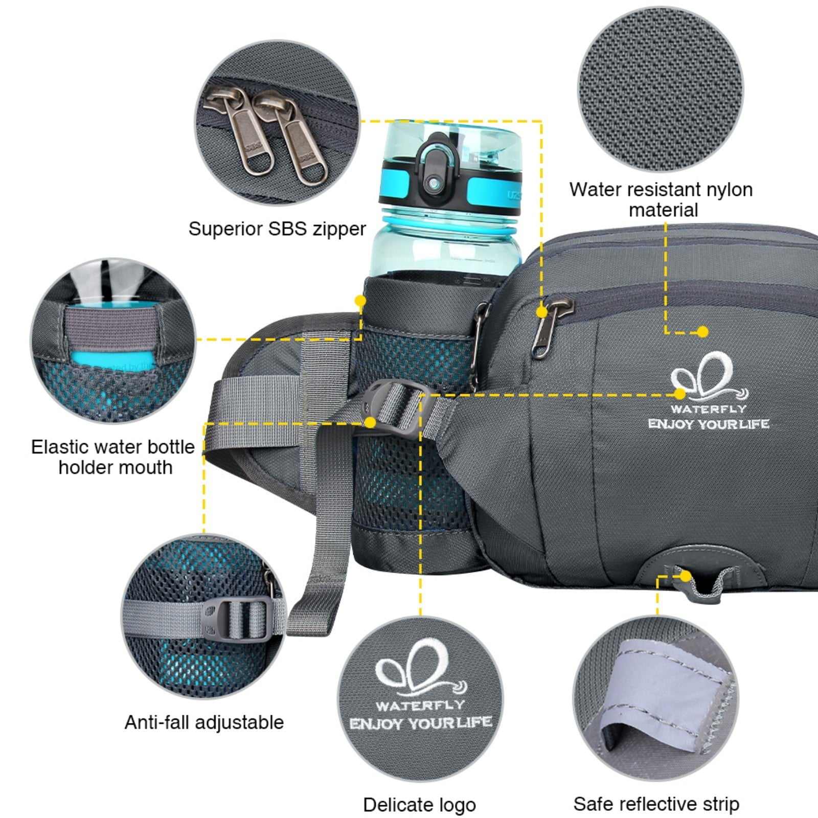 WATERFLY Unisex Large Capacity Hiking with Bottle Holder Nylon Fanny Pack Waist Bag,Gray