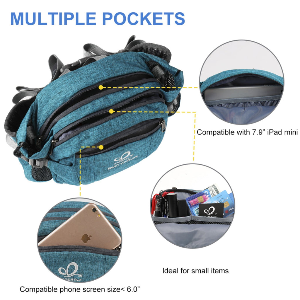 WATERFLY Unisex Large Capacity Hiking with Bottle Holder Nylon Fanny Pack Waist Bag,Gray