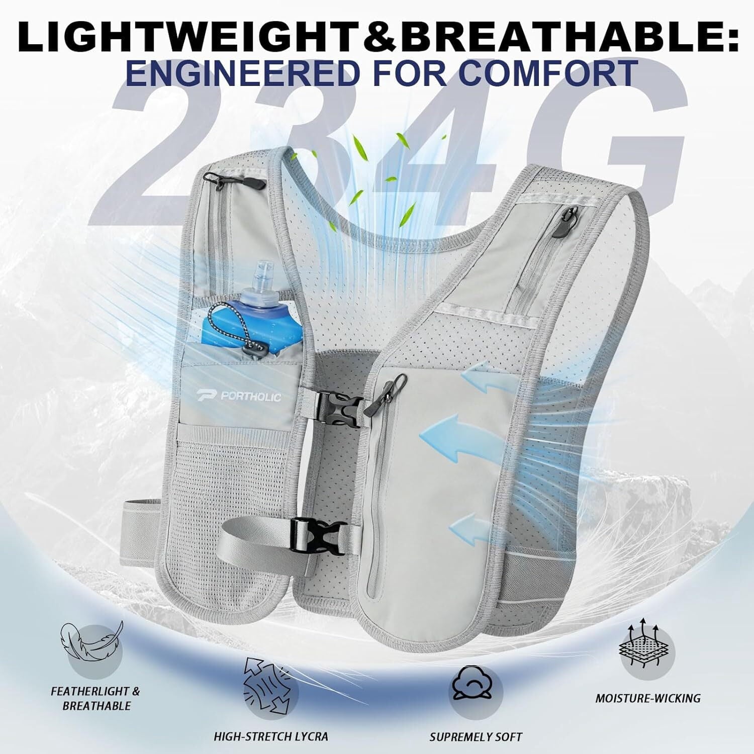 PORTHOLIC Running Vest for Women Men with 500ml/17oz Water Bottle |Adjustable Hydration Vest|Reflective |Lightweight |6 Pockets |Breathablefor Running Accessories for Hiking Running (Black,Large)