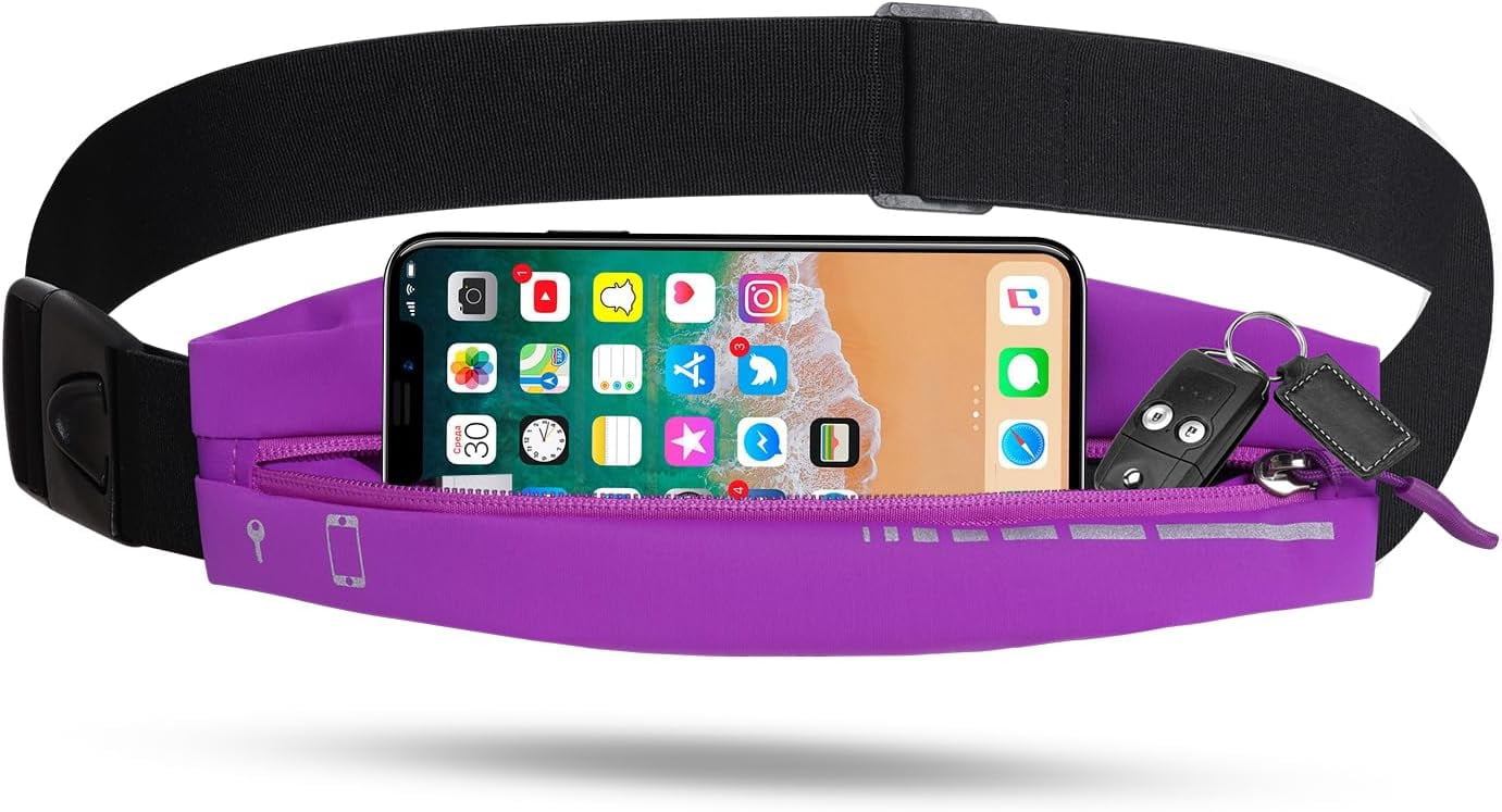 Slim Running Belt for Women Men Water Resiatant Runners Fanny Pack Adjustable Waist Pouch Reflective Phone holder Running Gear Accessories for Sport (Purple)