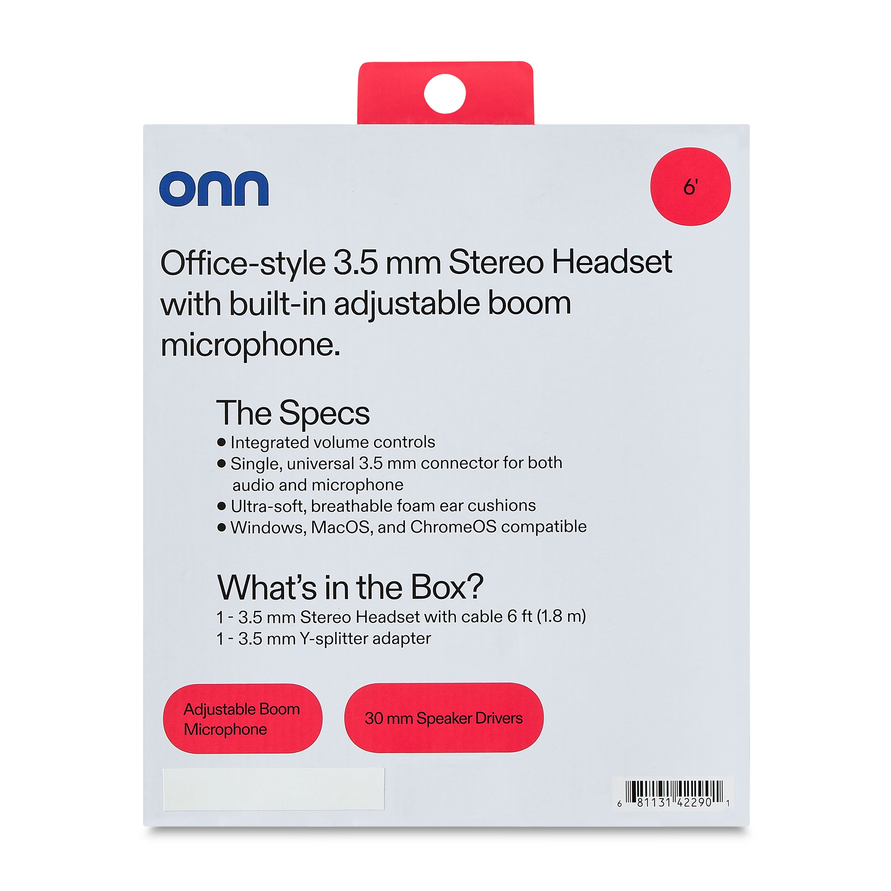 onn 3.5mm AUX Stereo Headset with Built-In Microphone, Black