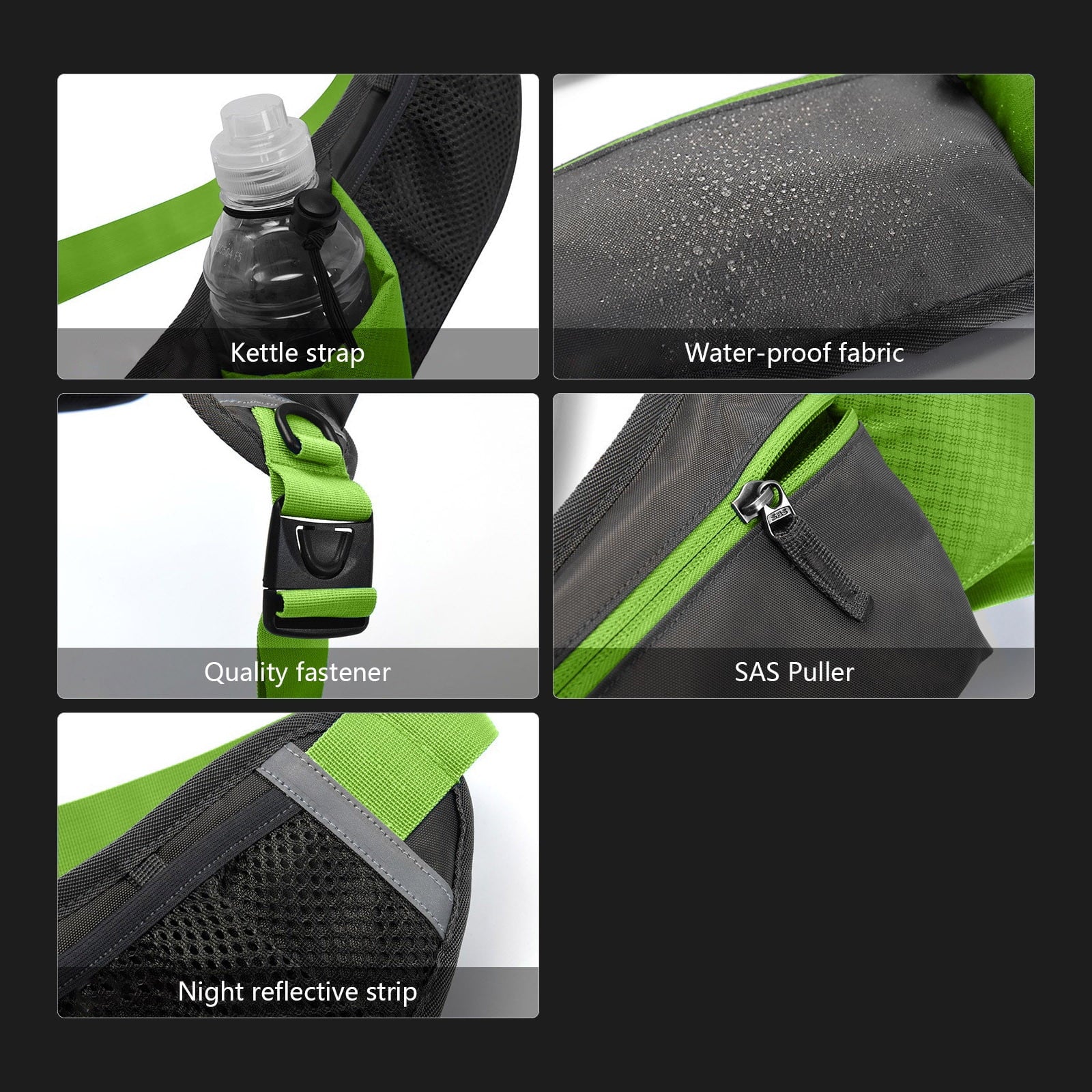 Hiroekza Running Belt with Water Bottle Sports Pack Waist Bag for Men & Women - Nylon Multifunctional Zipper Belt for Running Hiking Climbing - Adjustable Reflective Fitness Gear Accessories Black