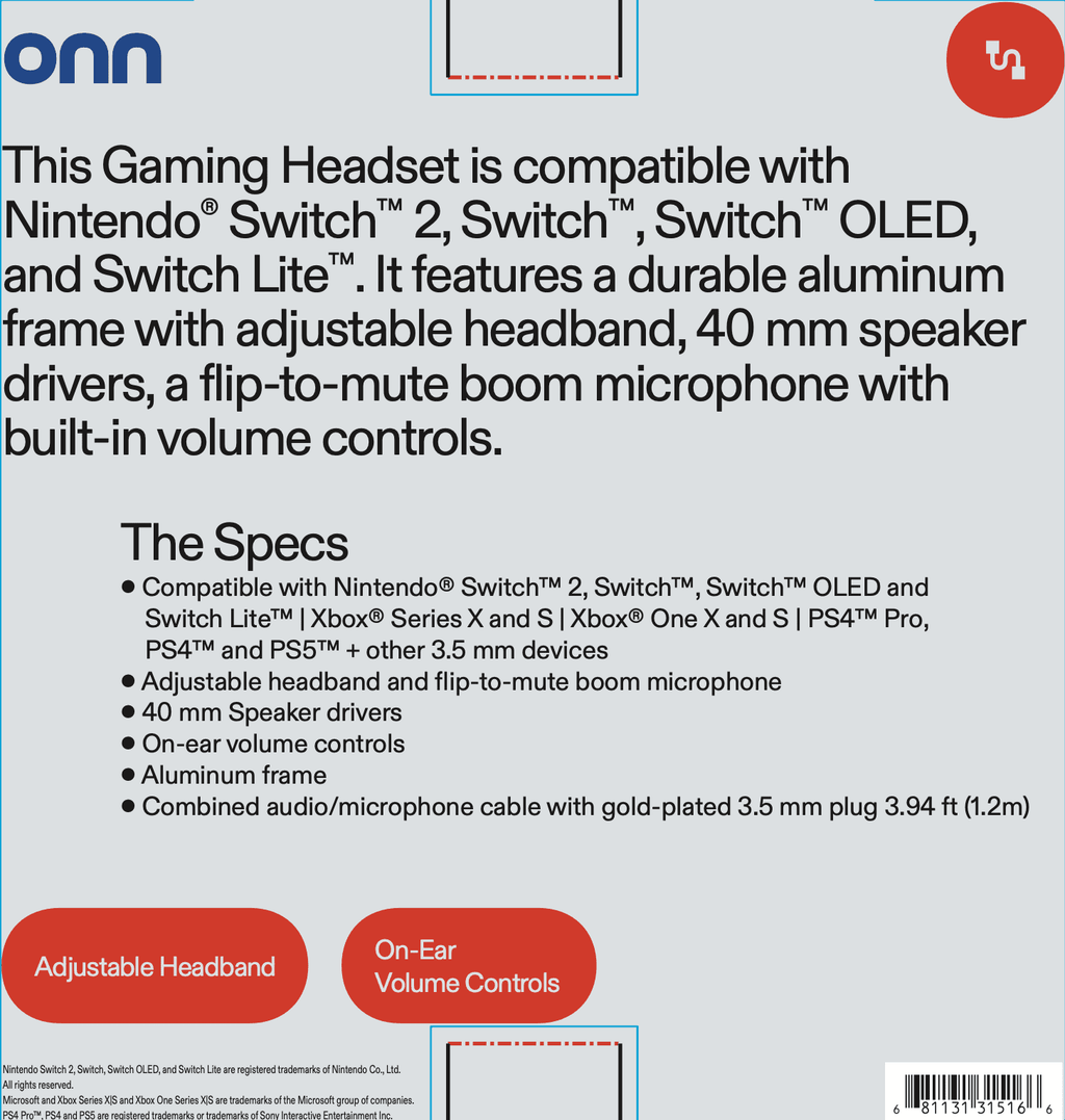 onn. Wired Video Gaming Headset with 3.5mm Connector, Flip-to-Mute Mic, Lightweight Steel, For Nintendo Switch 2