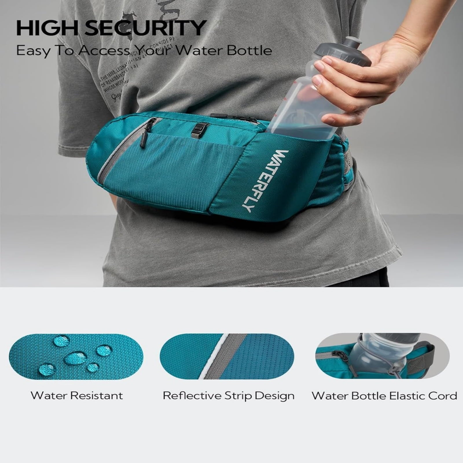 WATERFLY Unisex with Bottle Holder Running Walking Hiking Nylon Fanny Pack Waist Bag,,Blue