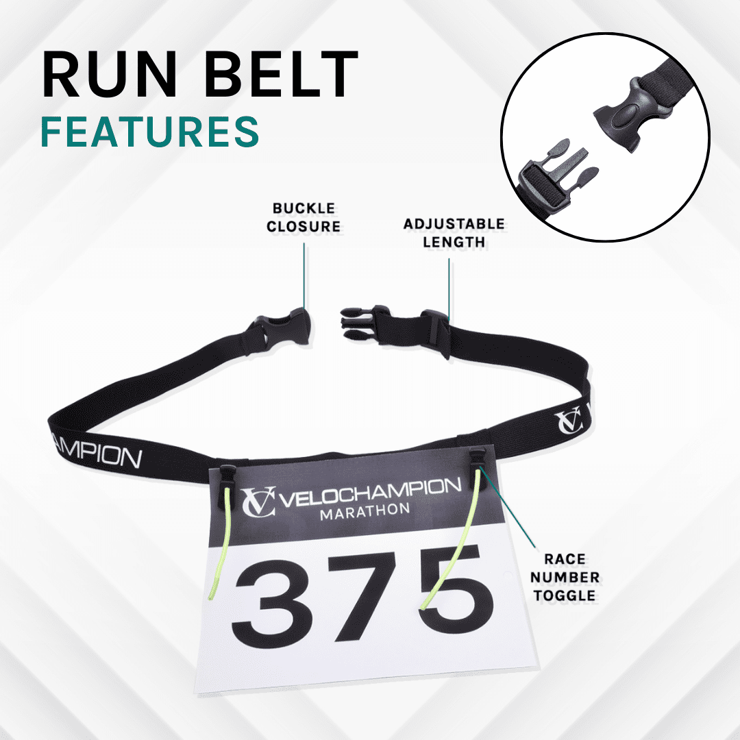 Velochampion Adjustable Elastic Running Number Waist Belt. Stretch Fit Black with Buckle Fastening