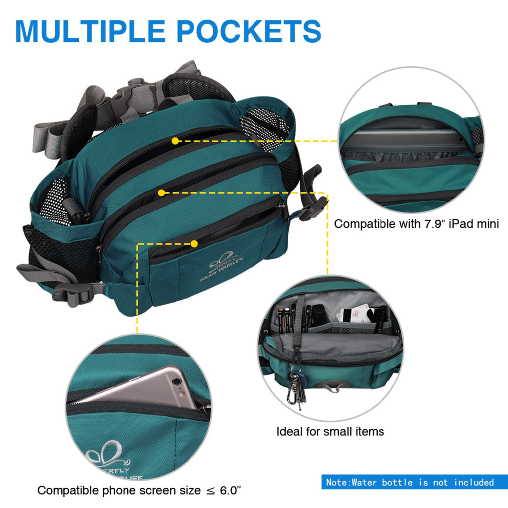 WATERFLY Unisex Large Capacity Hiking with Bottle Holder Nylon Fanny Pack Waist Bag,Gray