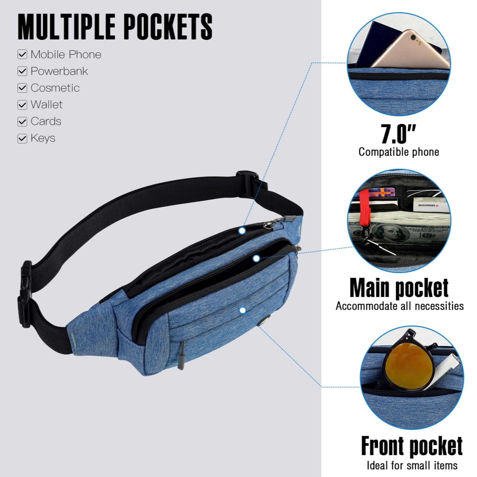 WATERFLY Unisex Lightweight Running Hiking Jogging Nylon Fanny Pack Waist Bag-Dark Blue