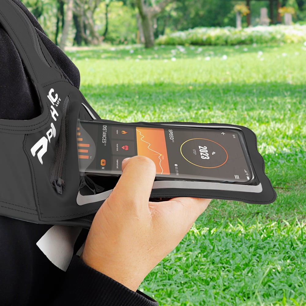 Running Vest with Cellphone Holder, PORTHOLIC Reflective Warnwest with Visible Phone Pouch, Adjustable Waistband and Muti-pockets for Sport, Jogging, Cycling, Walk the dog(GARY)