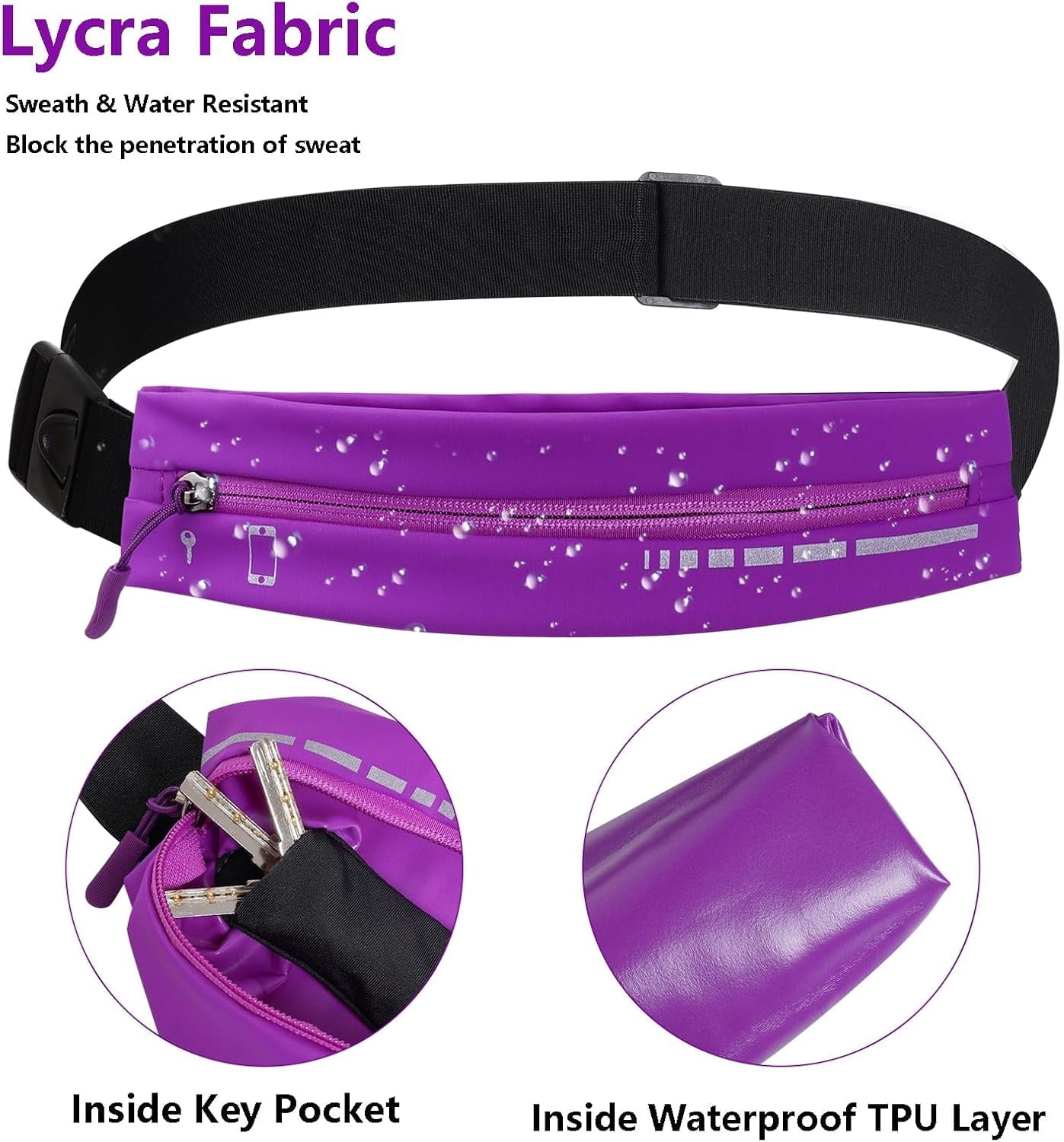Slim Running Belt for Women Men Water Resiatant Runners Fanny Pack Adjustable Waist Pouch Reflective Phone holder Running Gear Accessories for Sport (Purple)