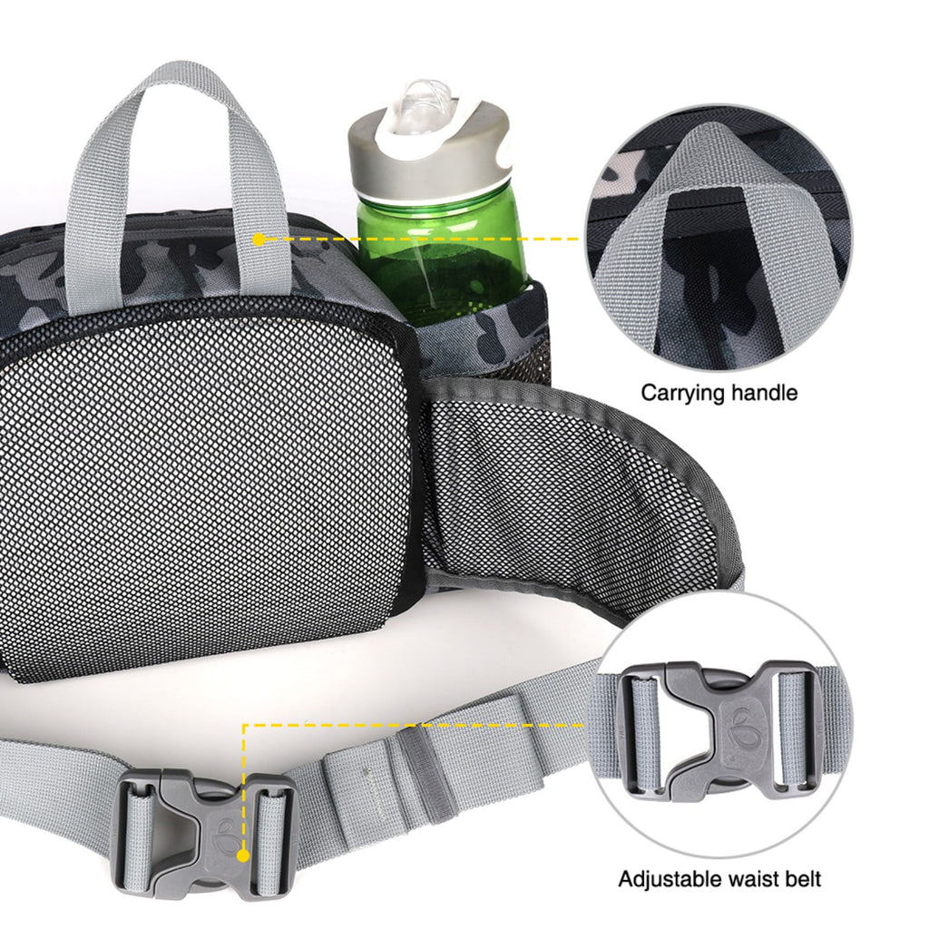 WATERFLY Unisex Large Capacity Hiking with Bottle Holder Nylon Fanny Pack Waist Bag,Gray