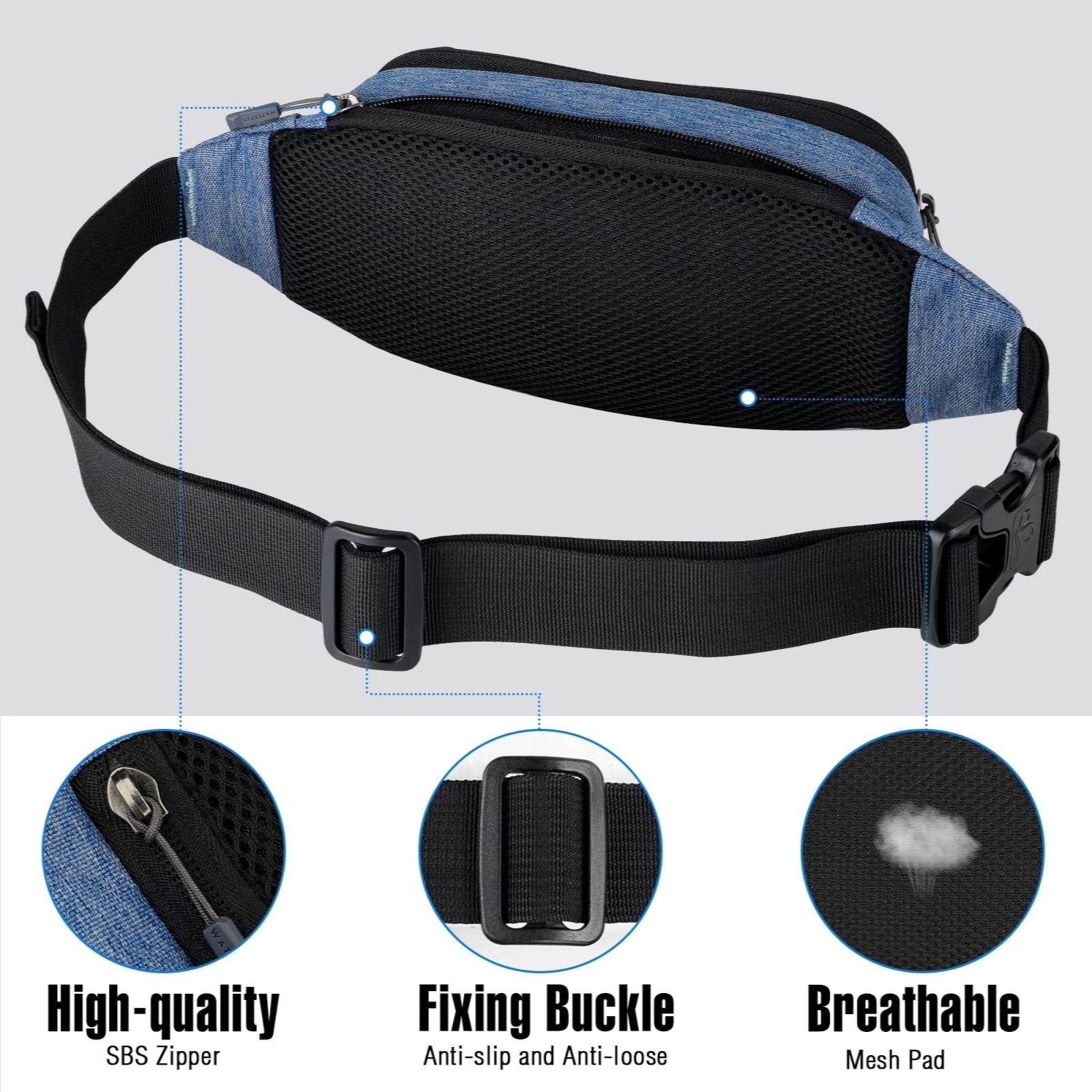 WATERFLY Unisex Lightweight Running Hiking Jogging Nylon Fanny Pack Waist Bag-Dark Blue