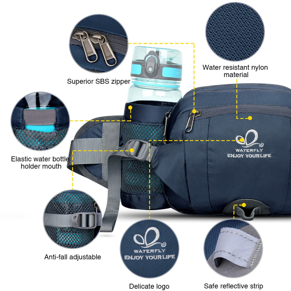 WATERFLY Unisex Large Capacity Hiking with Bottle Holder Nylon Fanny Pack Waist Bag,Gray