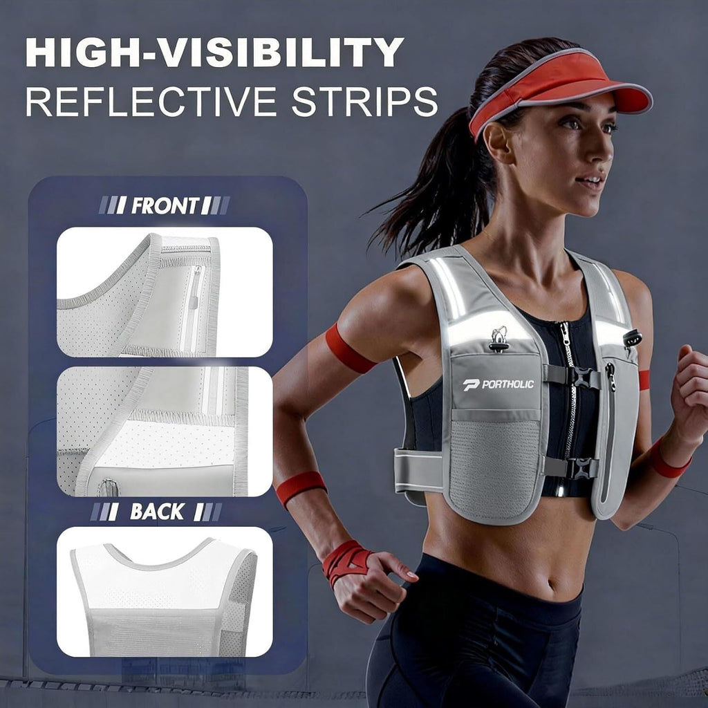PORTHOLIC Running Vest for Women Men with 500ml/17oz Water Bottle |Adjustable Hydration Vest|Reflective |Lightweight |6 Pockets |Breathablefor Running Accessories for Hiking Running (Black,Large)