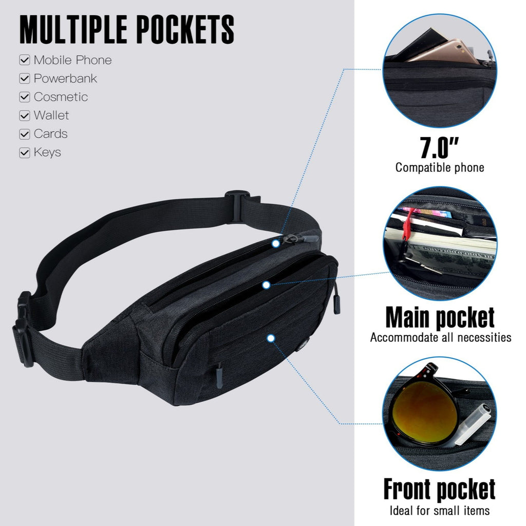 WATERFLY Unisex Lightweight Running Hiking Jogging Nylon Fanny Pack Waist Bag-Dark Blue