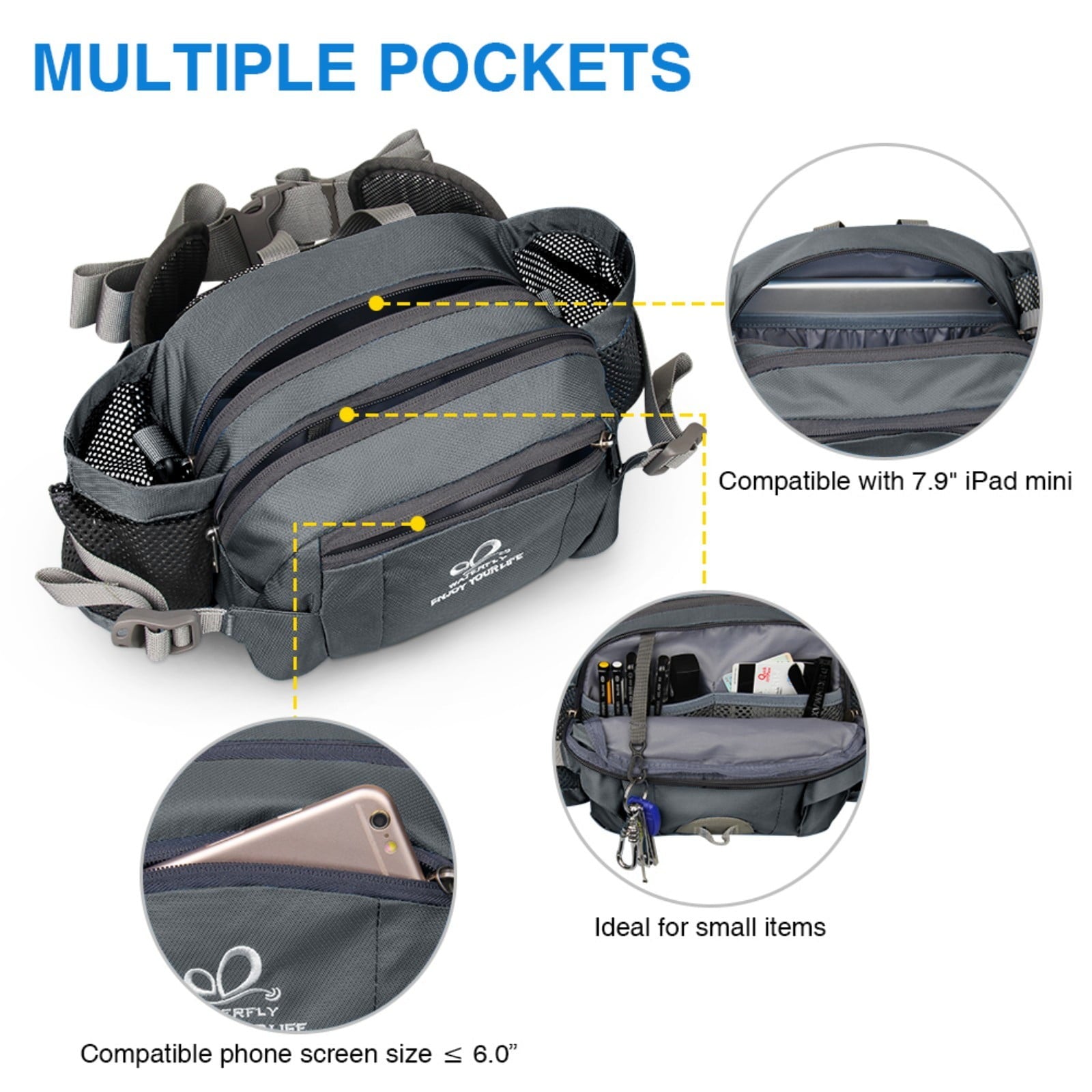 WATERFLY Unisex Large Capacity Hiking with Bottle Holder Nylon Fanny Pack Waist Bag,Gray