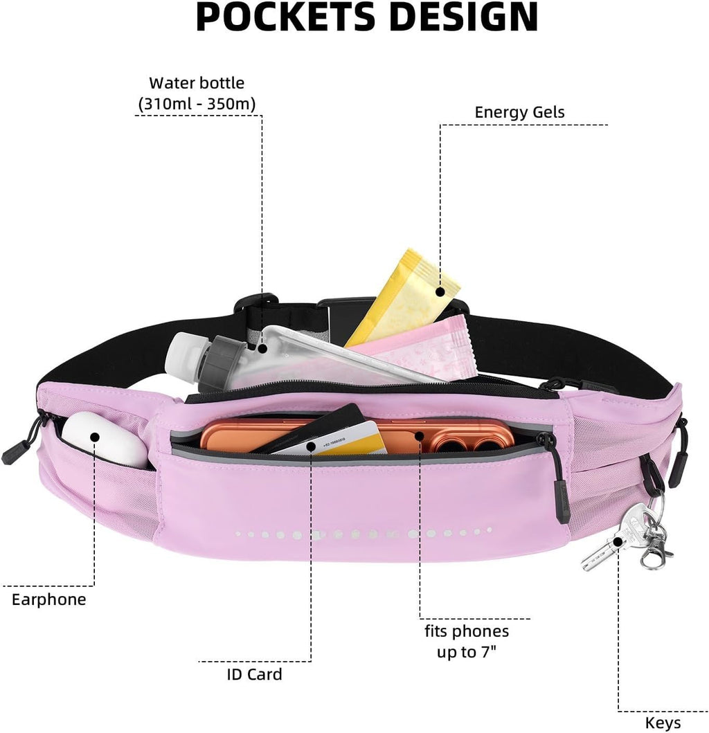 Lightweight Running Belt, Water-Resistant Pack for Women & Men, 4-Zone Organization Fits Up to 7" Phone, Reflective Strips Design for , Jogging, Hiking, Commuting