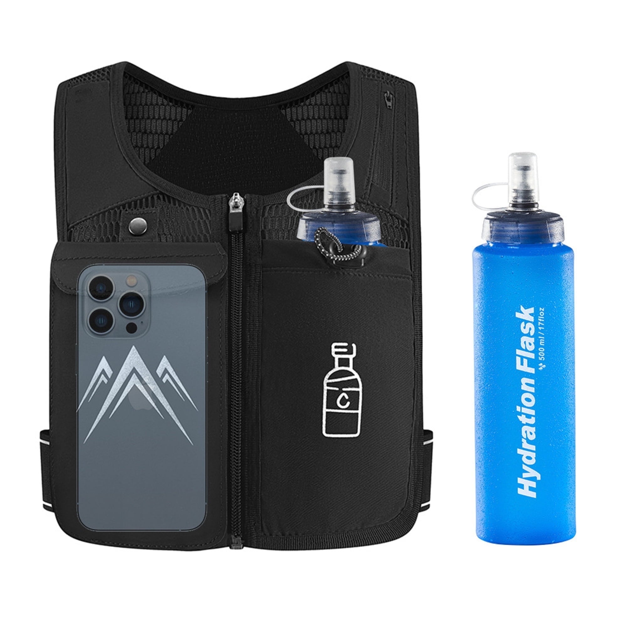 Arsvita Running Vest, Zip Reflective Running Vests with 500ml Hydration Bottle, Adjustable Waistband & Breathable Material, Chest Pack Gear Phone Holder for Running, Men & Women
