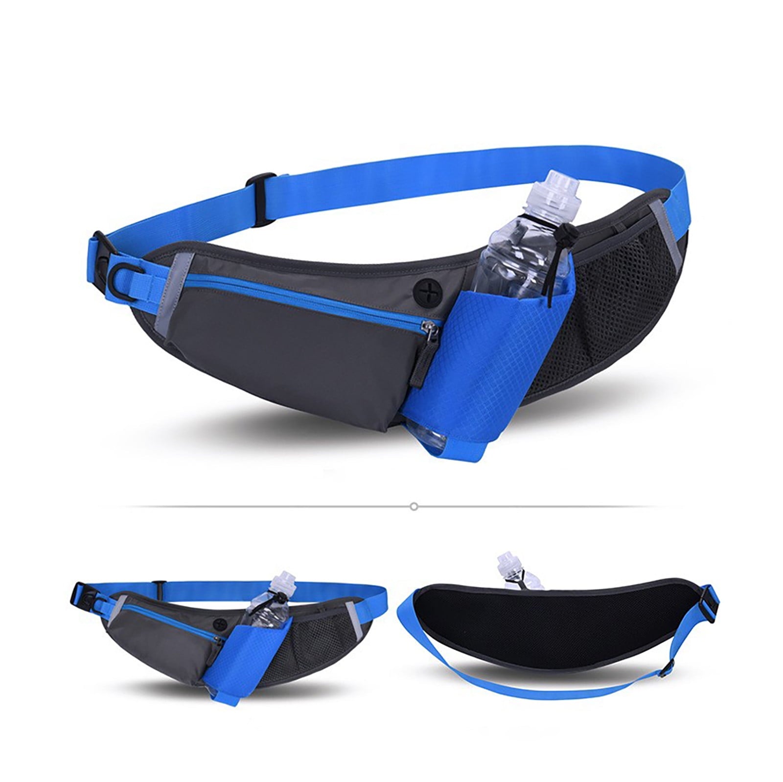 Hiroekza Running Belt with Water Bottle Sports Pack Waist Bag for Men & Women - Nylon Multifunctional Zipper Belt for Running Hiking Climbing - Adjustable Reflective Fitness Gear Accessories Black