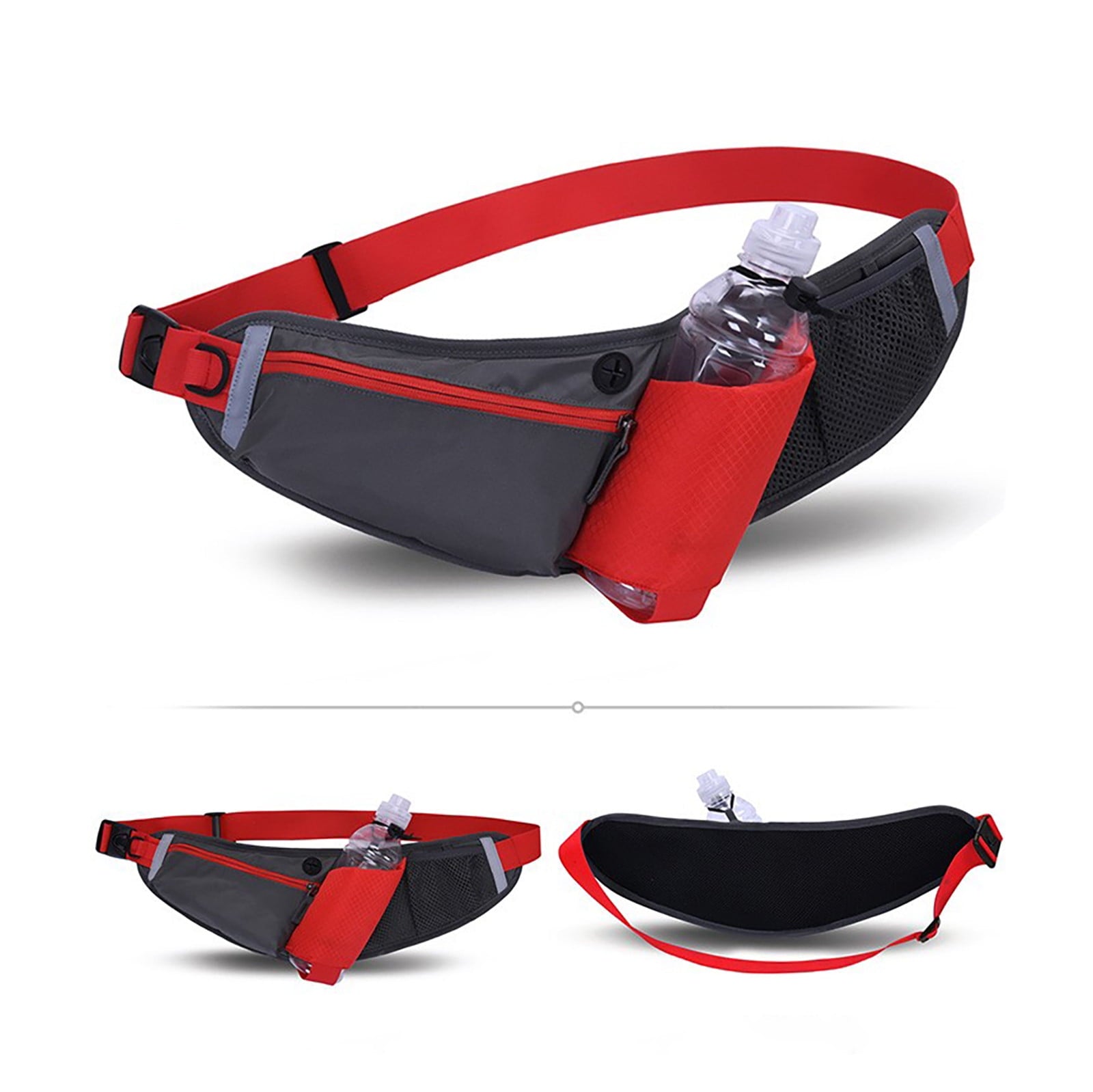 Hiroekza Running Belt with Water Bottle Sports Pack Waist Bag for Men & Women - Nylon Multifunctional Zipper Belt for Running Hiking Climbing - Adjustable Reflective Fitness Gear Accessories Black