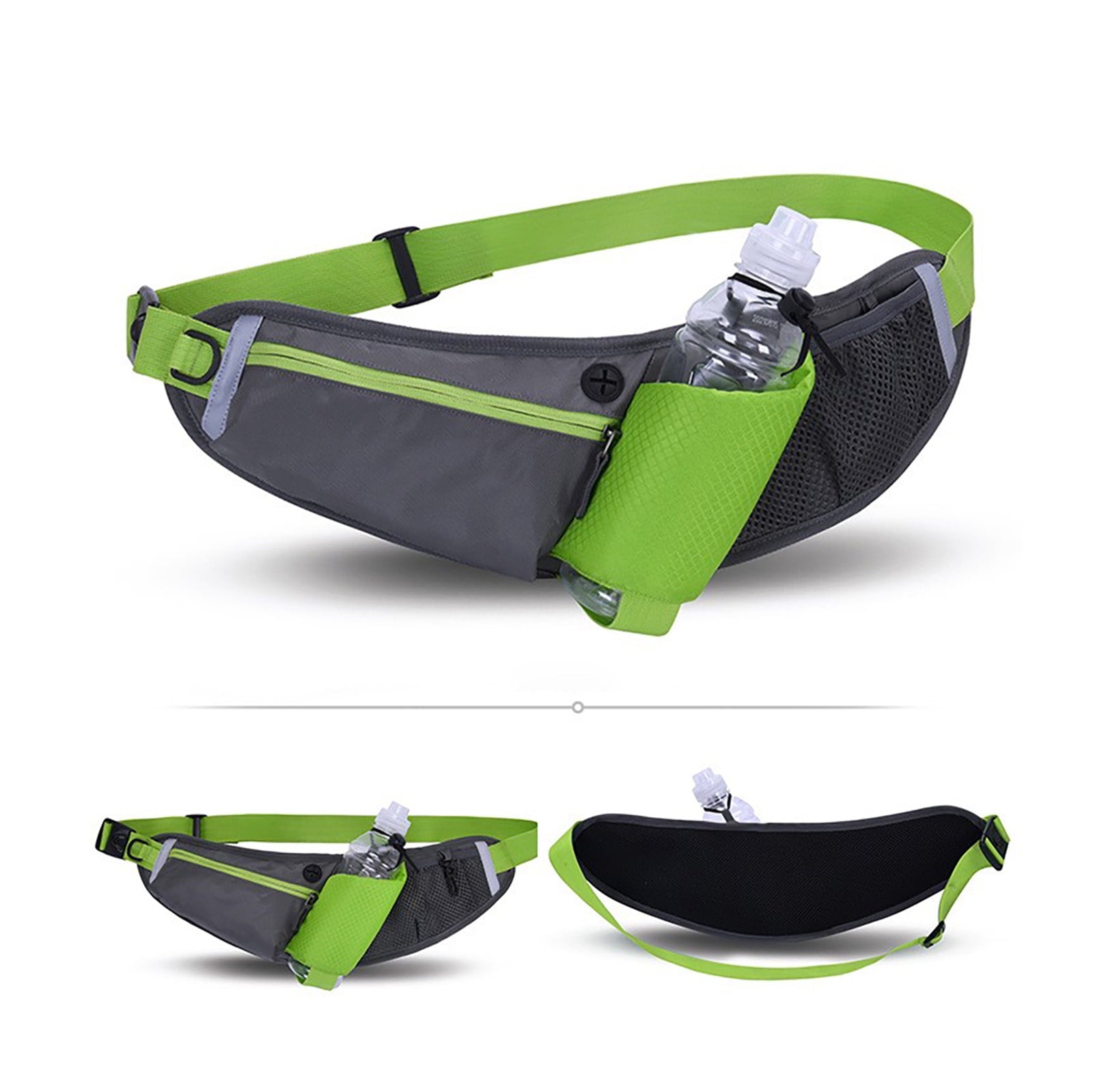 Hiroekza Running Belt with Water Bottle Sports Pack Waist Bag for Men & Women - Nylon Multifunctional Zipper Belt for Running Hiking Climbing - Adjustable Reflective Fitness Gear Accessories Black