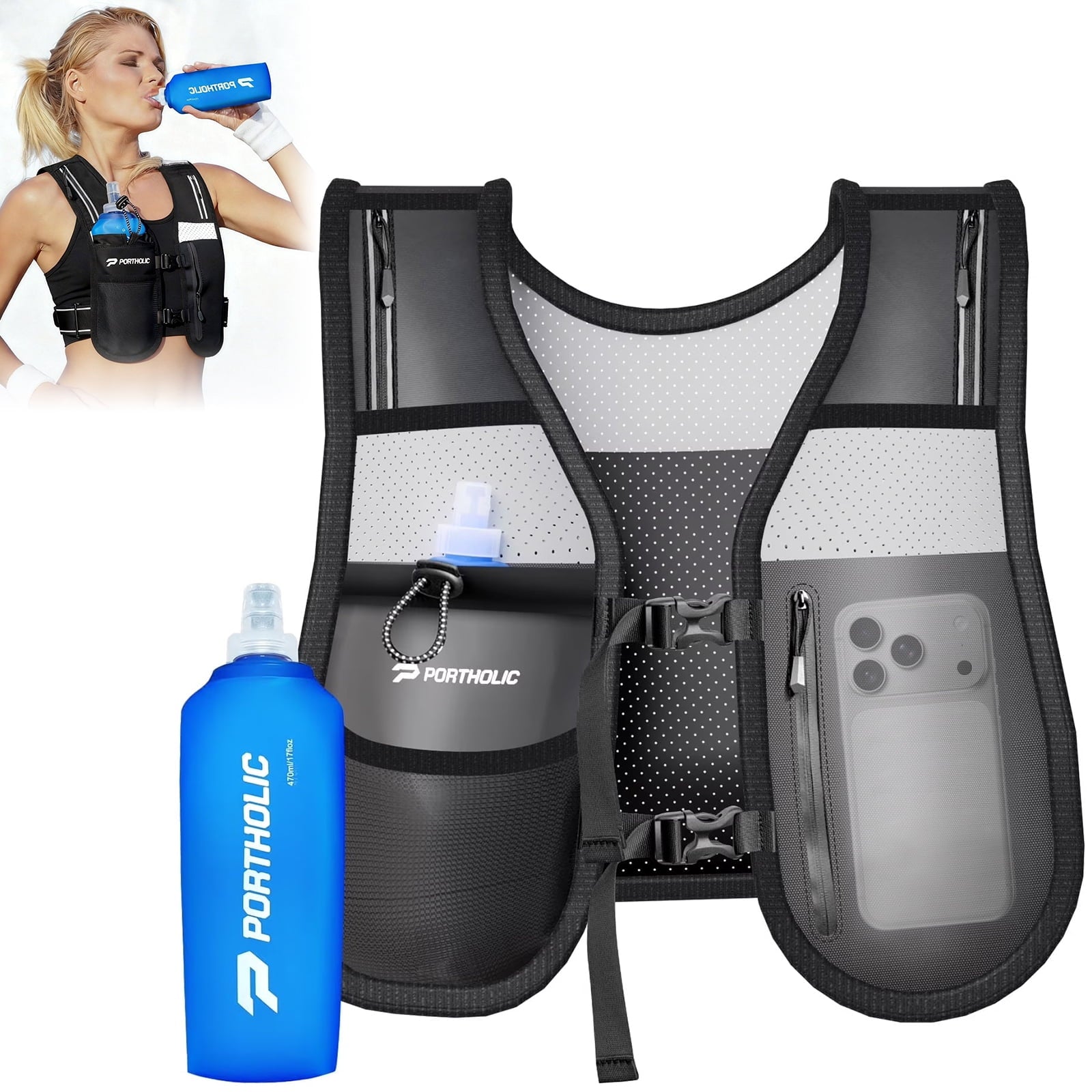 PORTHOLIC Running Vest for Women Men with 500ml/17oz Water Bottle |Adjustable Hydration Vest|Reflective |Lightweight |6 Pockets |Breathablefor Running Accessories for Hiking Running (Black,Large)