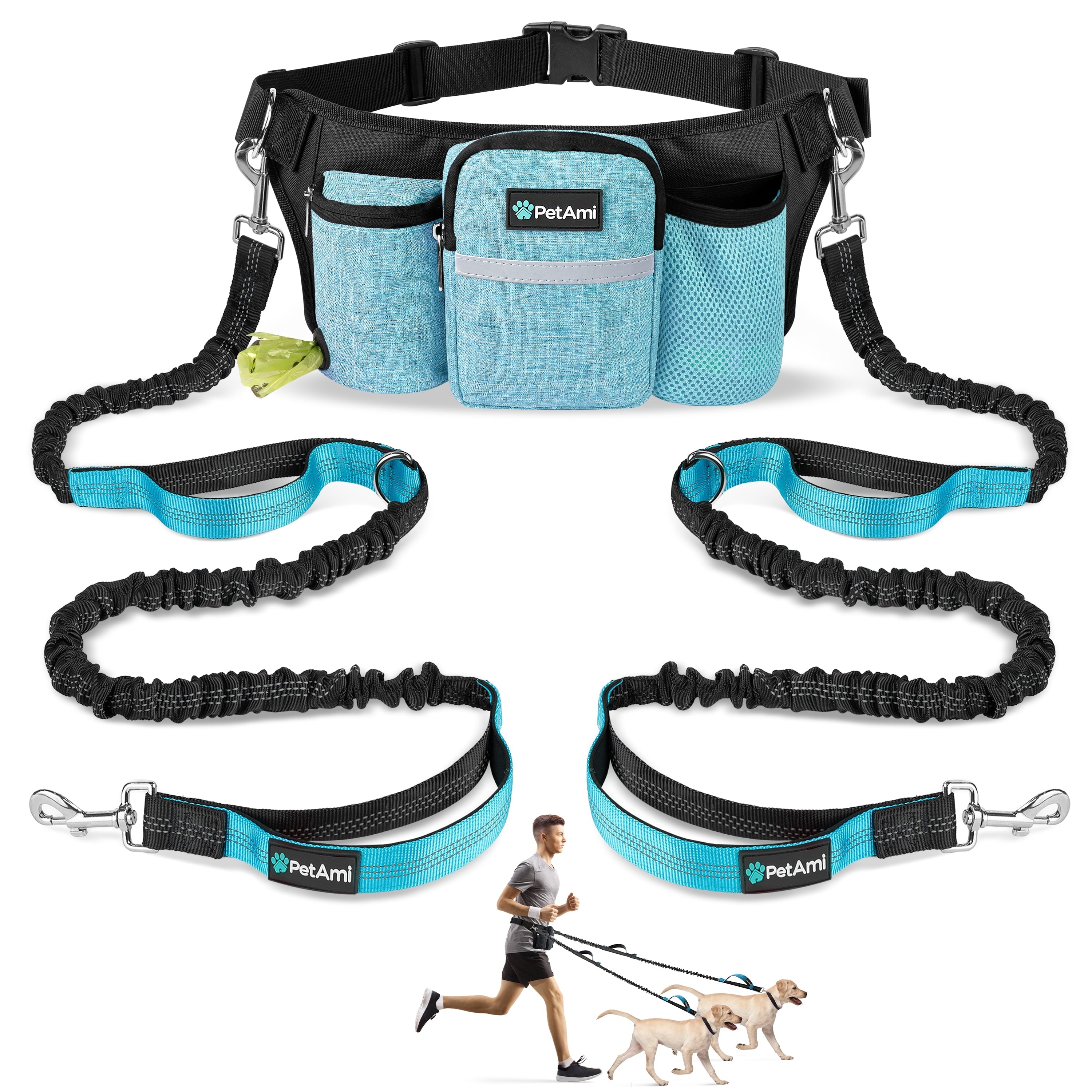PetAmi Premium Hands Free Dog Leash for 2 Dogs, Adjustable Waist Belt Leash for Dog Walking, Fanny Pack Accessories Bag Dual Bungee Leash for Running, Hiking, Jogging, Biking, Charcoal Grey