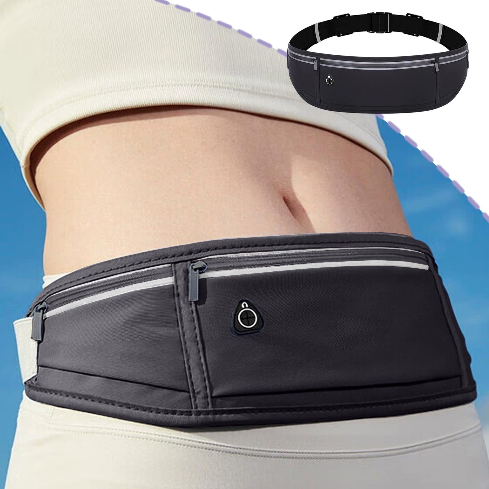 Waterproof Waist Bag Running Fanny Pack Sports Phone Pouch 18.9in with Reflective Strips Multi Pocket Adjustable Belt for Night Running Cycling Hiking Camping Gym Outdoor Sports Travel Accessories