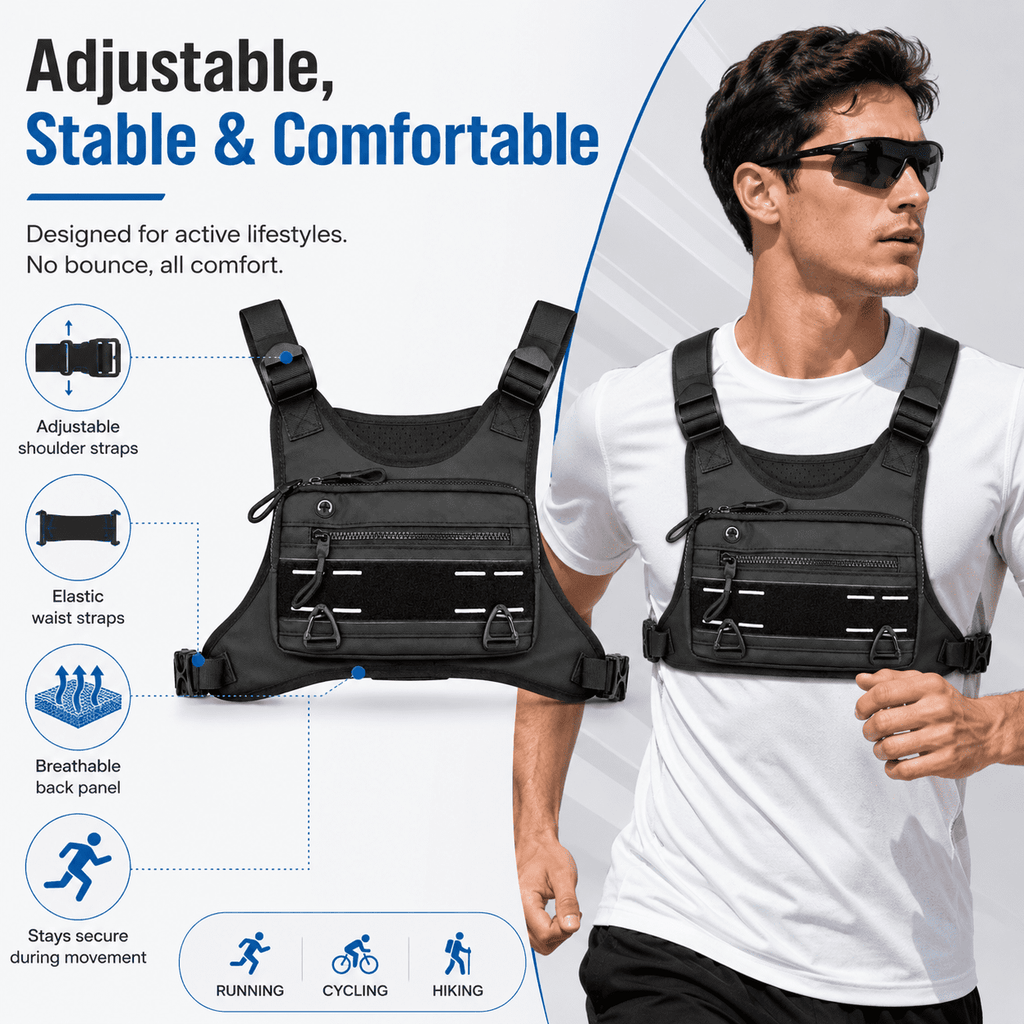 Sports Chest Bag for Men Water Resistant Lightweight Front Running Vest Bag With Phone Holder & Extra Storage for Workouts Cycling Black