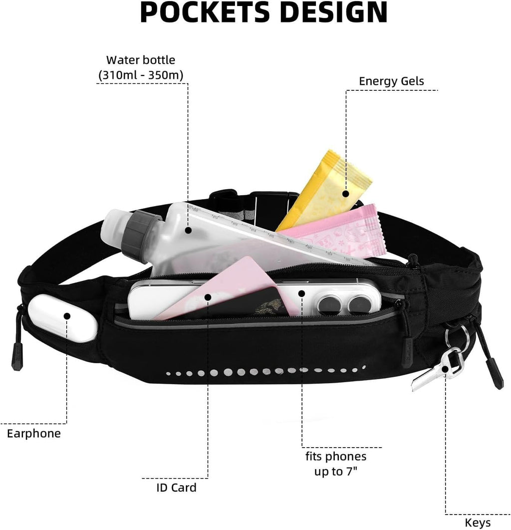 Lightweight Running Belt, Water-Resistant Pack for Women & Men, 4-Zone Organization Fits Up to 7" Phone, Reflective Strips Design for , Jogging, Hiking, Commuting