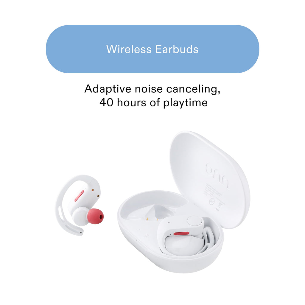onn Wireless Sport Earbuds with Comfort Grip Ear Hooks, Black