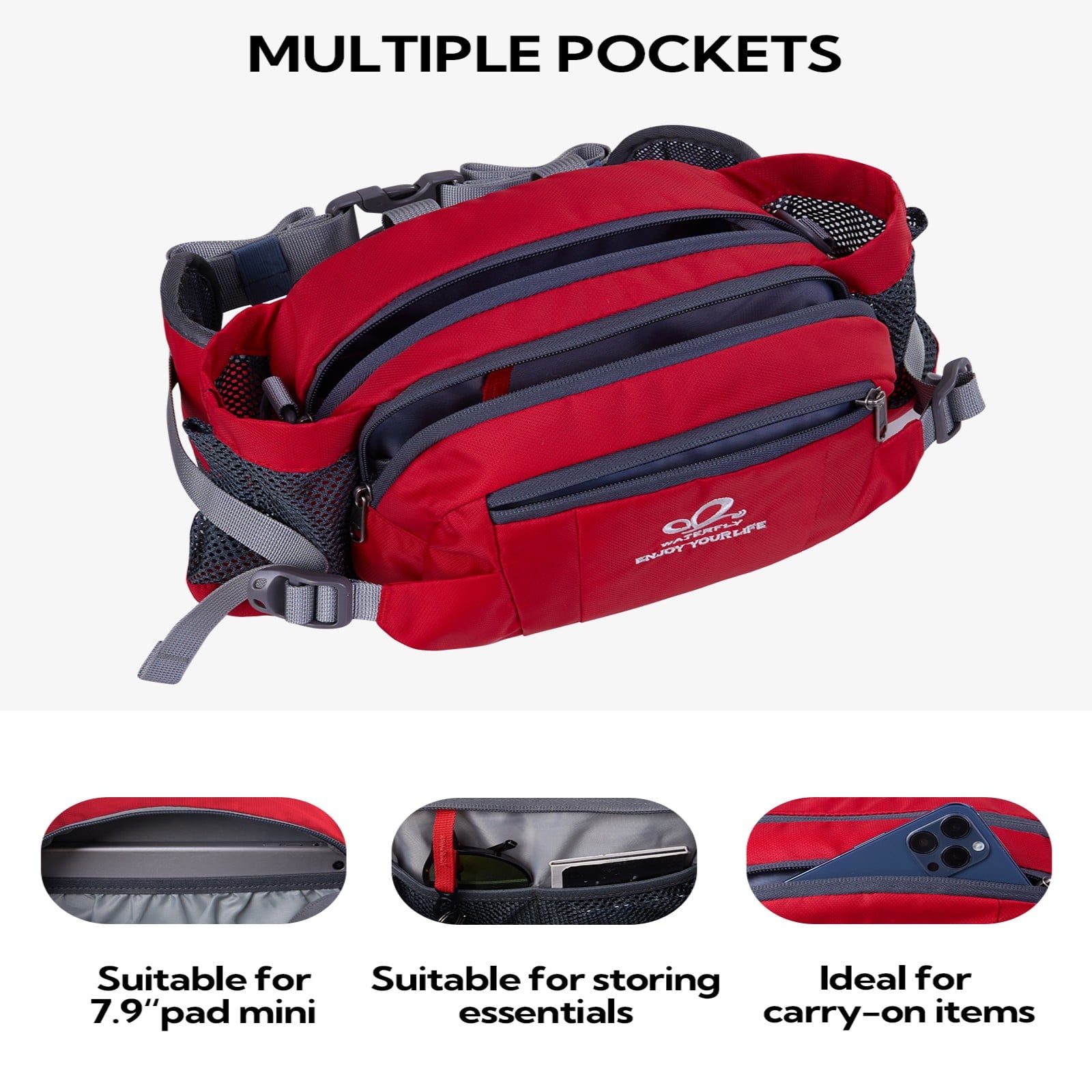 WATERFLY Unisex Large Capacity Hiking with Bottle Holder Nylon Fanny Pack Waist Bag,Gray