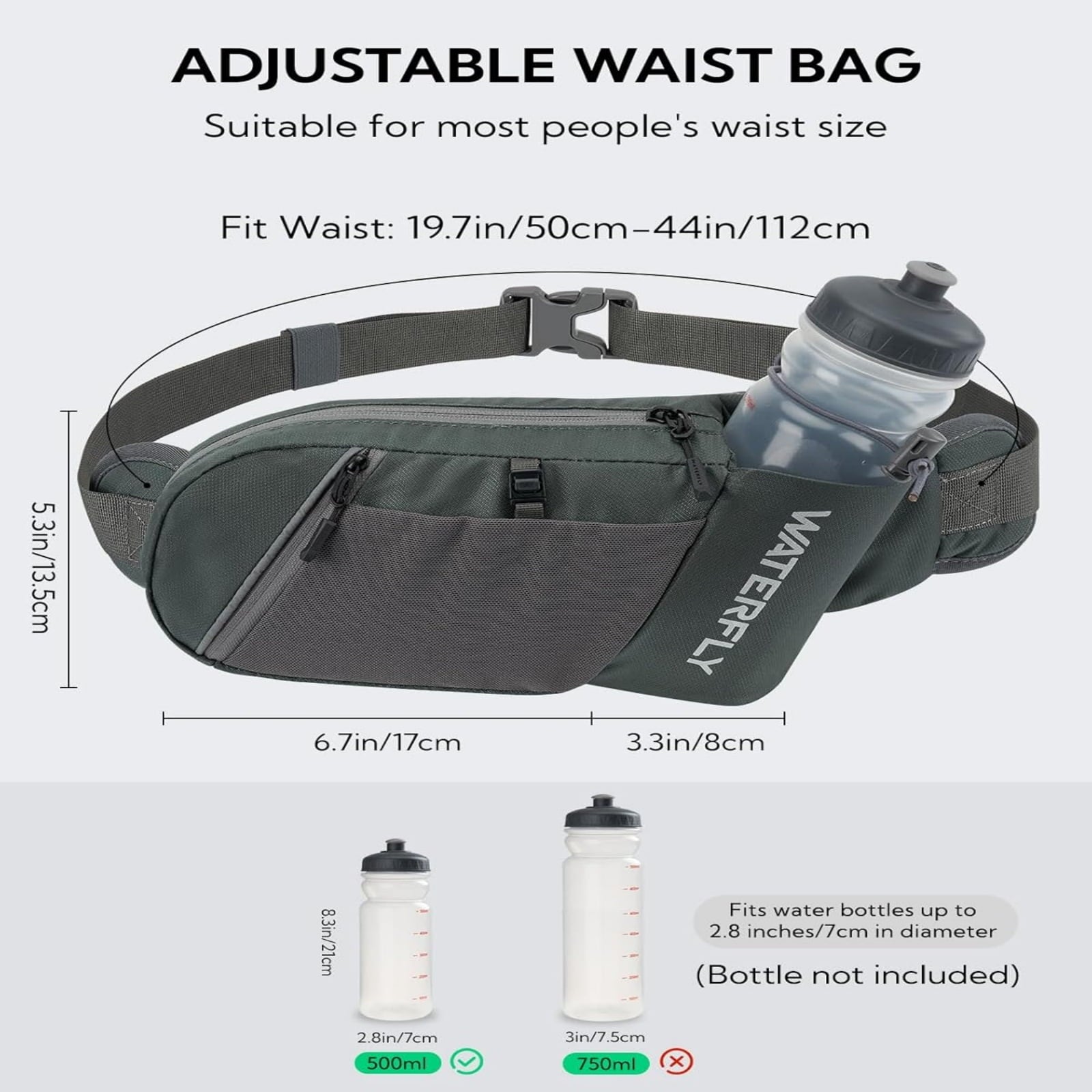 WATERFLY Unisex with Bottle Holder Running Walking Hiking Nylon Fanny Pack Waist Bag,,Blue
