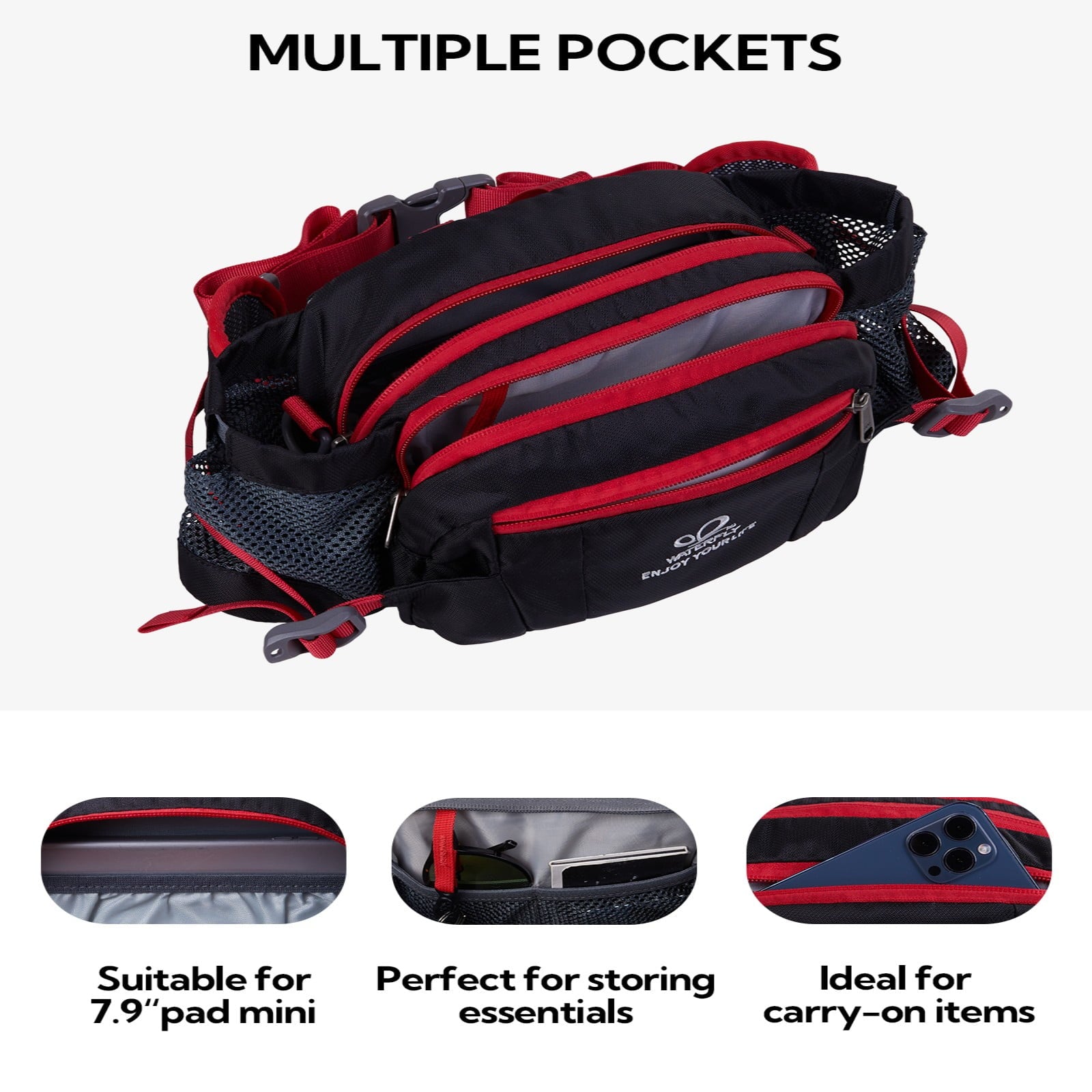 WATERFLY Unisex Large Capacity Hiking with Bottle Holder Nylon Fanny Pack Waist Bag,Gray