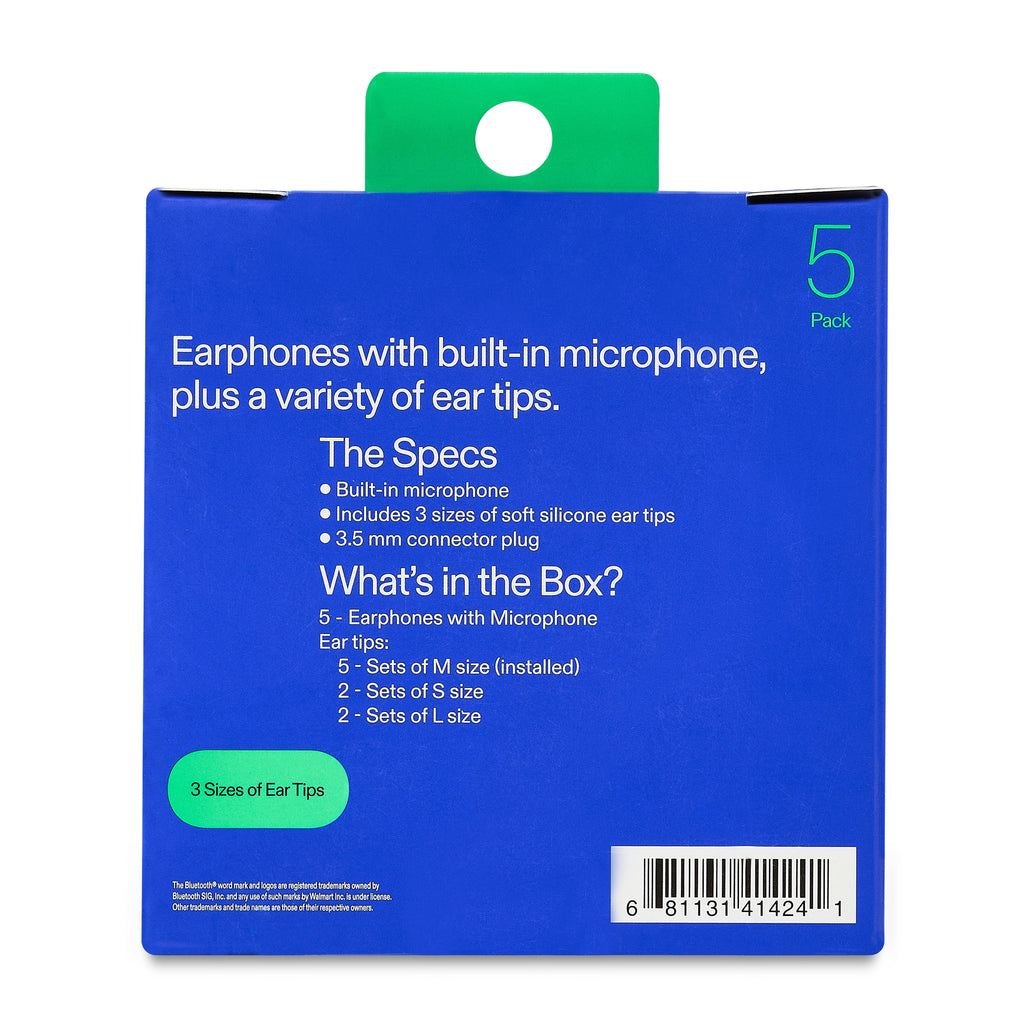 onn 5-Pack Wired Earbuds, Multicolor