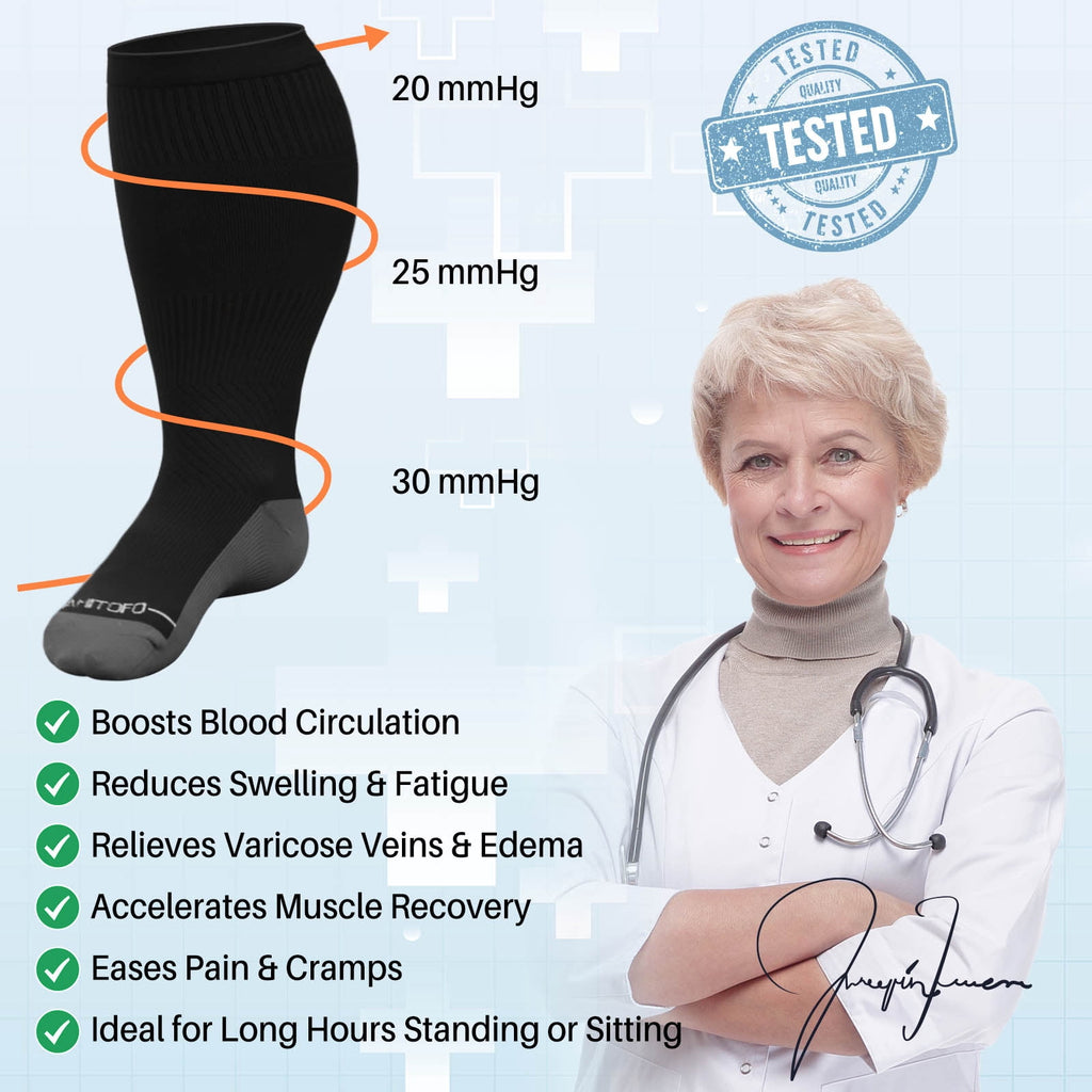 2 Pairs Wide Calf Compression Socks for Women Men AMITOFO Circulation 20-30mmHg Plus Size Knee High Support Stockings| Circulation | Nurses | Running | Travel,Beige Black 4XL