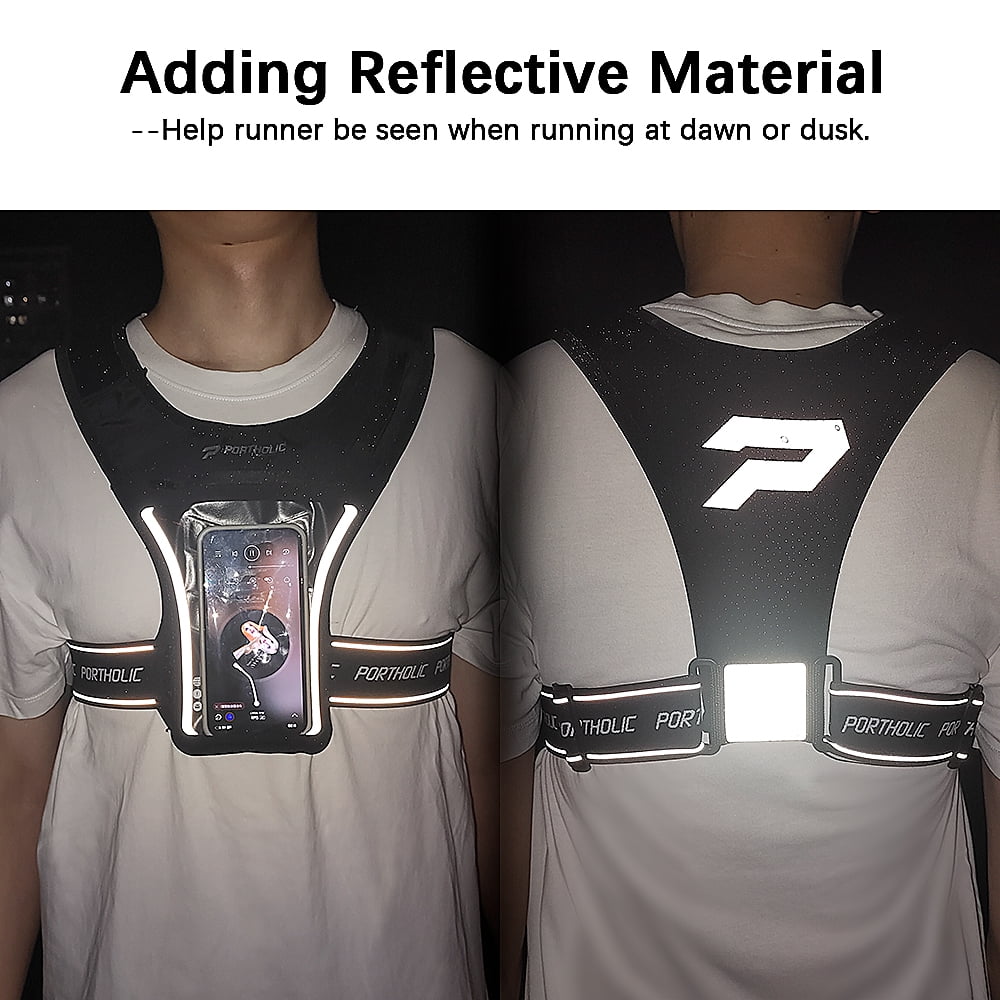 Running Vest with Cellphone Holder, PORTHOLIC Reflective Warnwest with Visible Phone Pouch, Adjustable Waistband and Muti-pockets for Sport, Jogging, Cycling, Walk the dog(GARY)