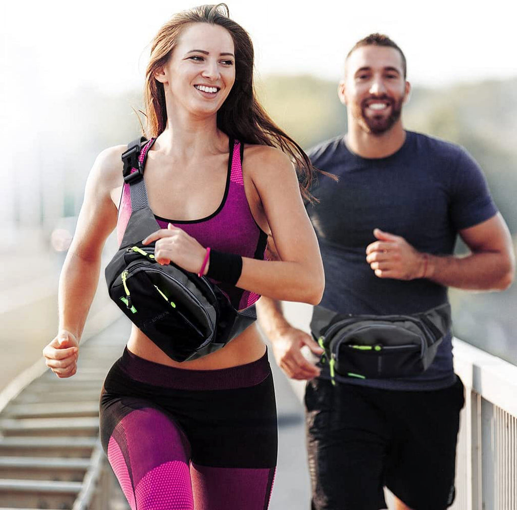 Viaky Black Crossbody Workout Waist Pack 4 Zipper Pockets, Running Belt Fanny Bag for Hands Free Sports Travel & Casual Use, Adjustable Strap Pouch Ideal Gifts for All Phone Carrying Enthusiasts