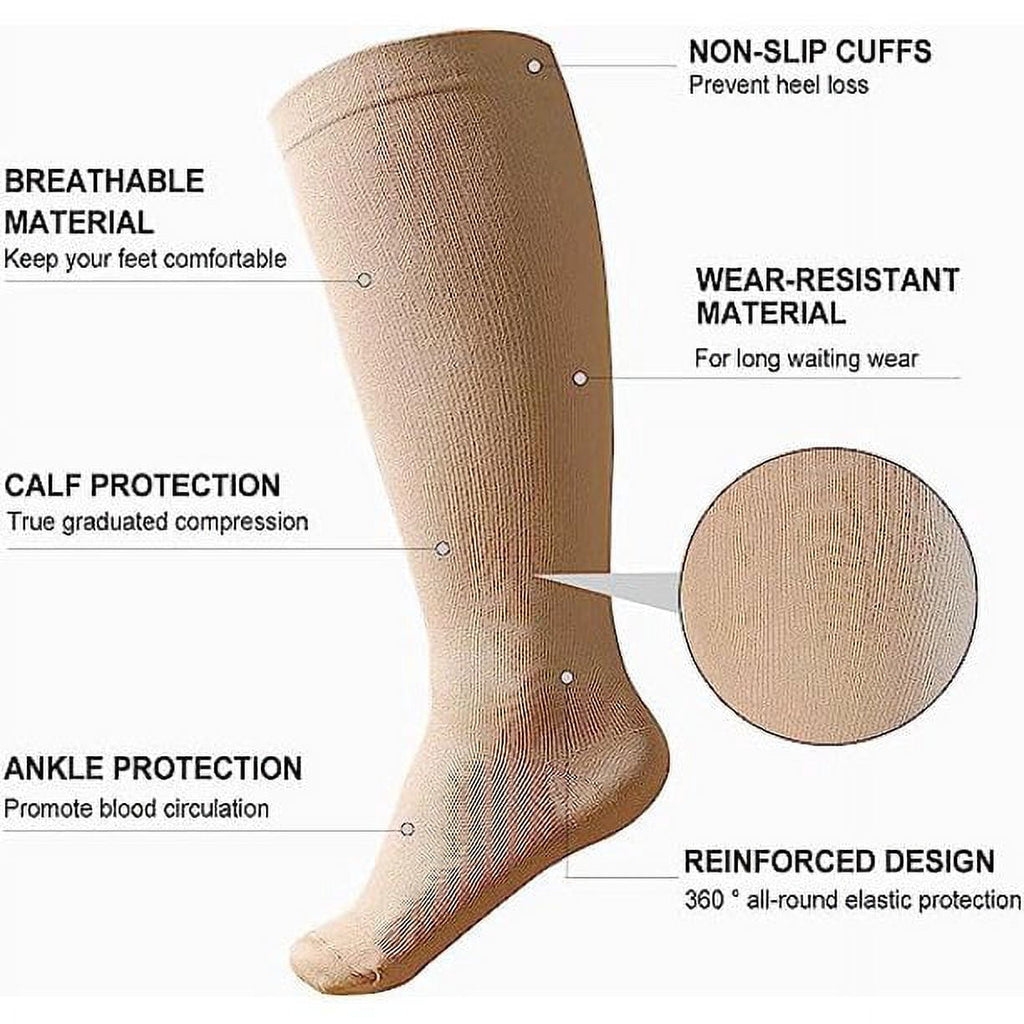 2 Pairs Wide Calf Compression Socks for Women Men AMITOFO Circulation 20-30mmHg Plus Size Knee High Support Stockings| Circulation | Nurses | Running | Travel,Beige Black 4XL