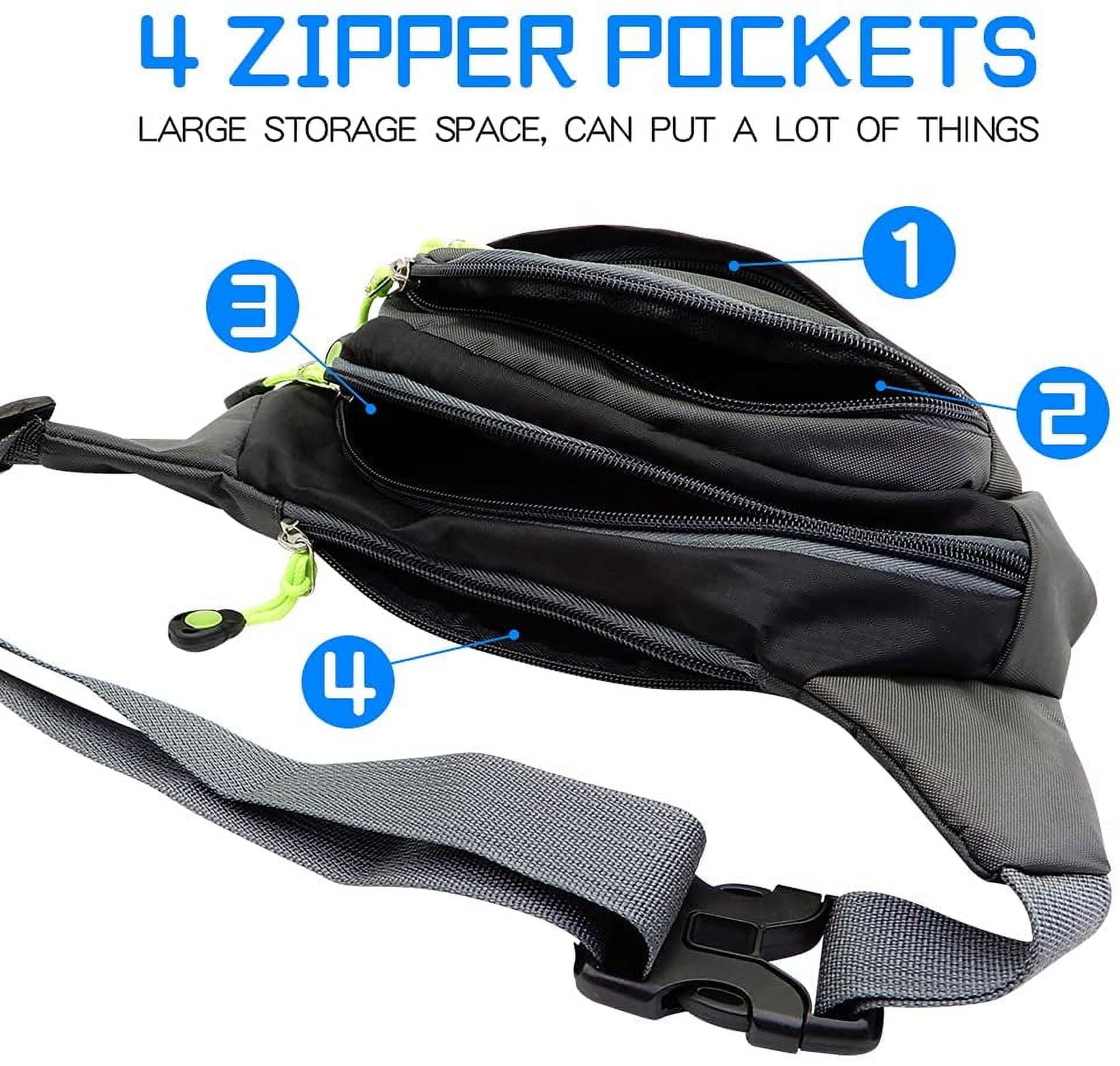 Viaky Black Crossbody Workout Waist Pack 4 Zipper Pockets, Running Belt Fanny Bag for Hands Free Sports Travel & Casual Use, Adjustable Strap Pouch Ideal Gifts for All Phone Carrying Enthusiasts