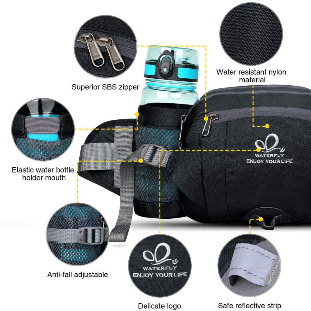WATERFLY Unisex Large Capacity Hiking with Bottle Holder Nylon Fanny Pack Waist Bag,Gray