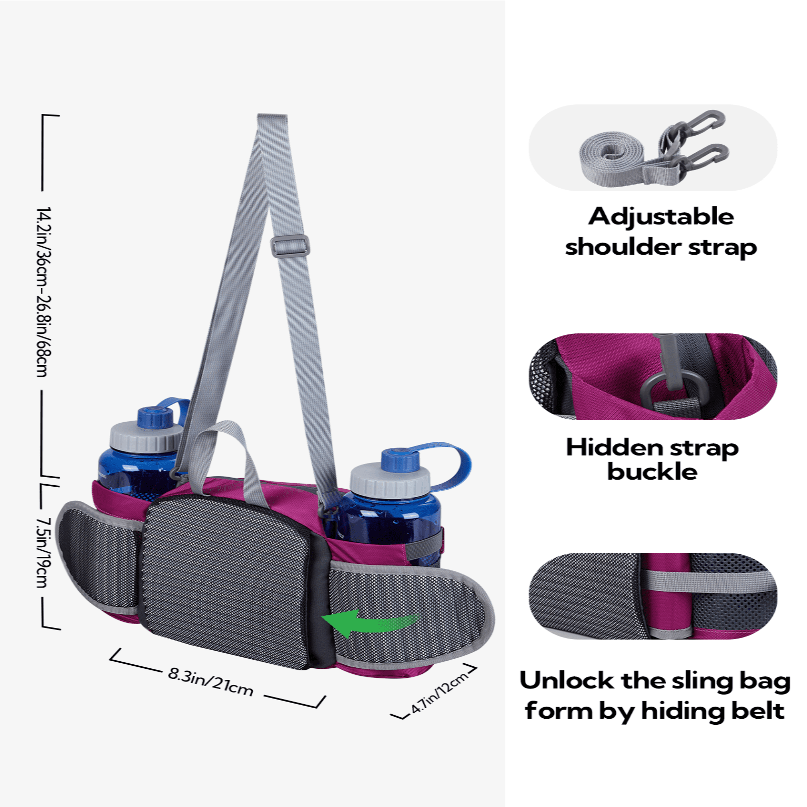 WATERFLY Unisex Large Capacity Hiking with Bottle Holder Nylon Fanny Pack Waist Bag,Gray