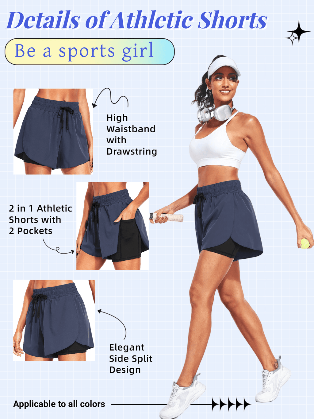 NELEUS Womens 2 in 1 Workout Yoga Shorts for Athletic Gym Running Casual Summer Short with Pocket,Navy Blue,US Size L