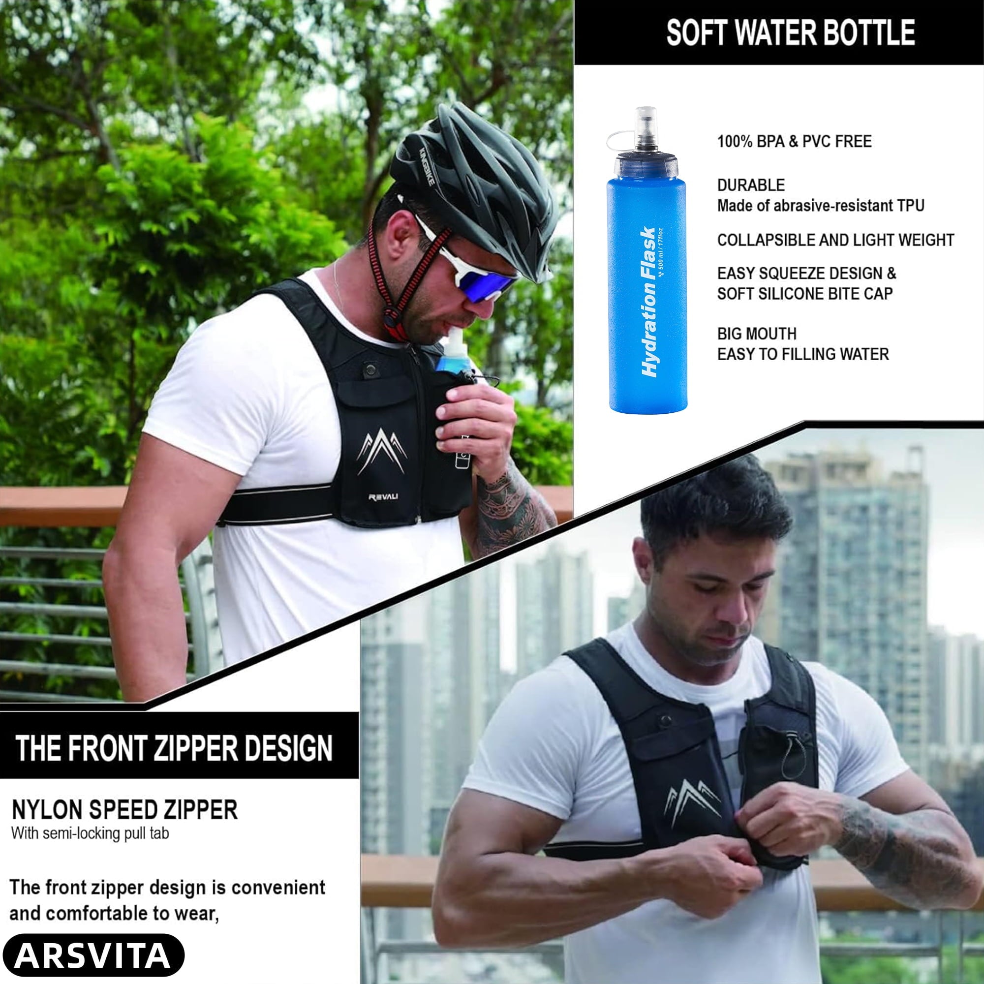 Arsvita Running Vest, Zip Reflective Running Vests with 500ml Hydration Bottle, Adjustable Waistband & Breathable Material, Chest Pack Gear Phone Holder for Running, Men & Women