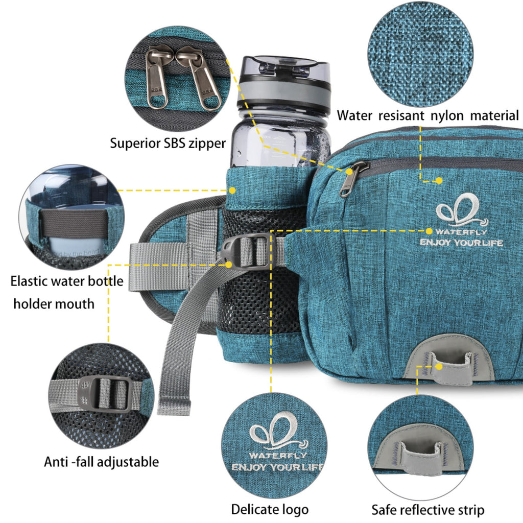 WATERFLY Unisex Large Capacity Hiking with Bottle Holder Nylon Fanny Pack Waist Bag,Gray